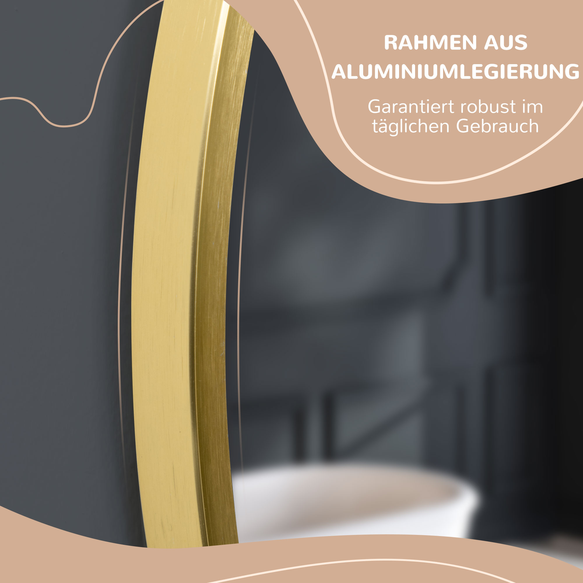 Runder Wandspiegel für Bad, Schlafzimmer, Flur, Metallrahmen, Farbe: Gold, Ø50 cm