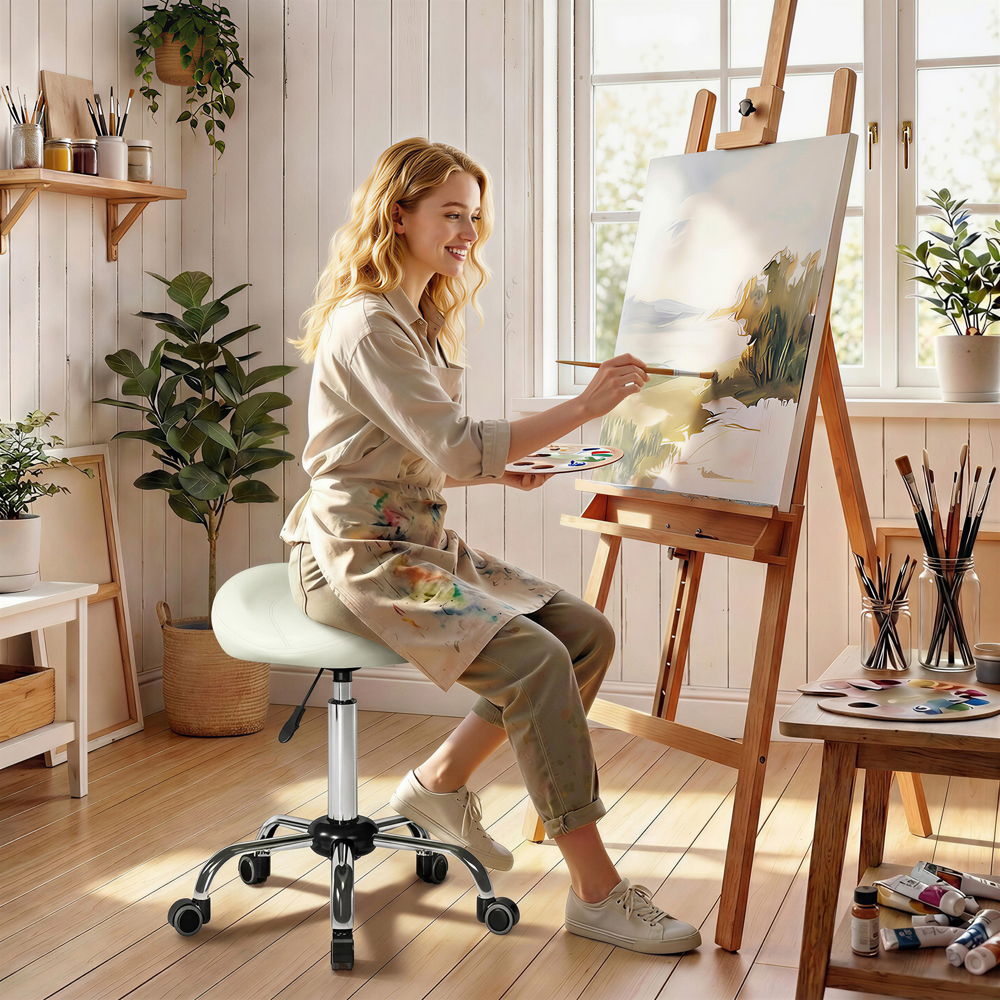 Sattelstuhl, höhenverstellbarer Rollstuhl mit PU-Leder für Massage, Spa, Klinik, Beauty und Tattoo, Cremeweiß