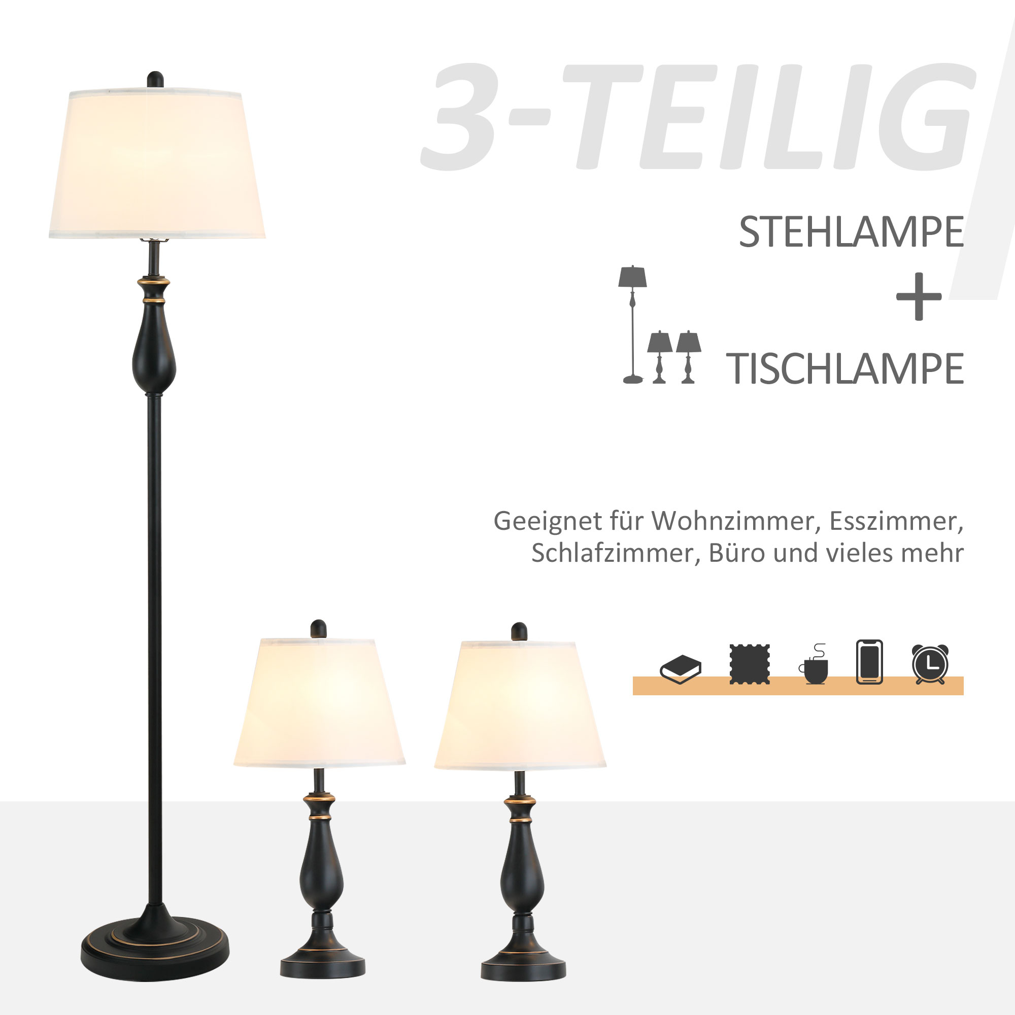 3er-Set Stehlampen-Set inkl. 2 Tischleuchten, 1 Stehleuchte, Tischlampen-Set mit E27 Fassung, Lampenschirm aus Leinen Standlampe für Wohnzimmer, Schlafzimmer, Weiß+Schwarz