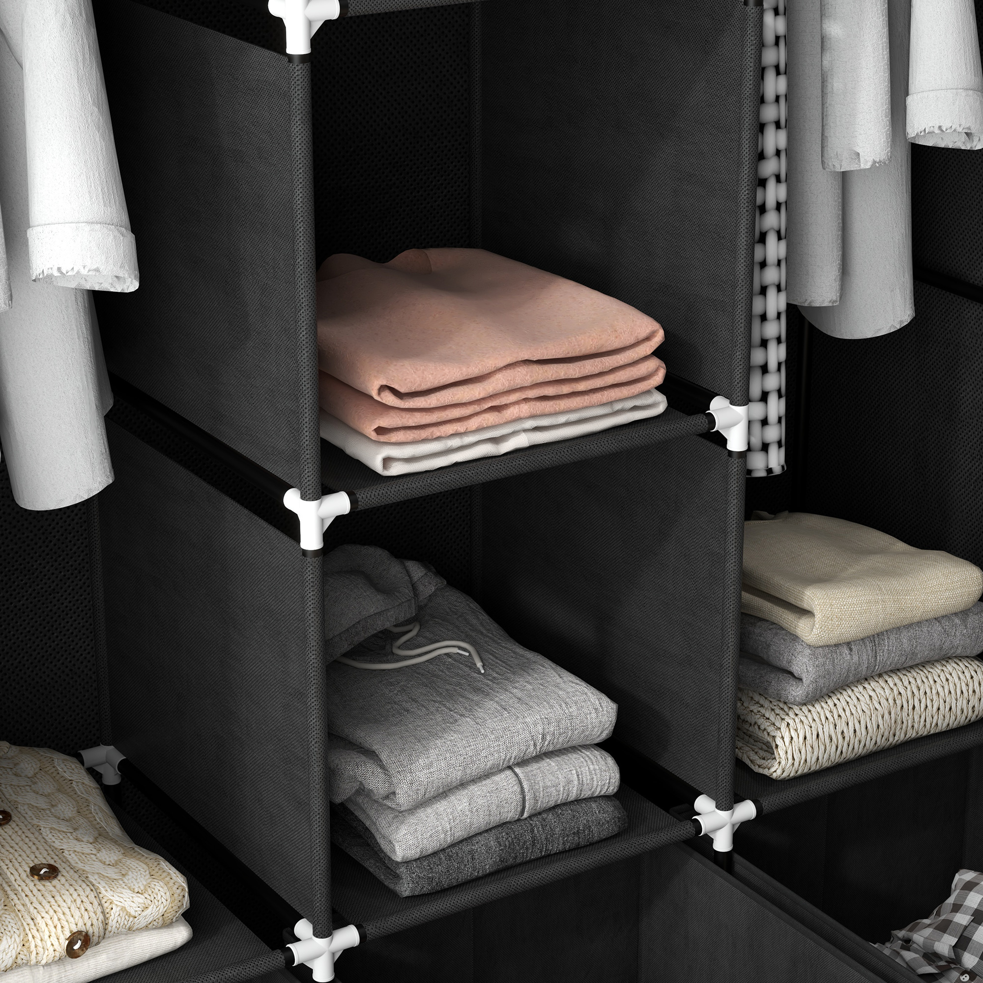 Stoffschrank aus Vlies, Faltschrank, inkl, 3 Schubladen, 125 cm x 43 cm x 162,5 cm, Schwarz