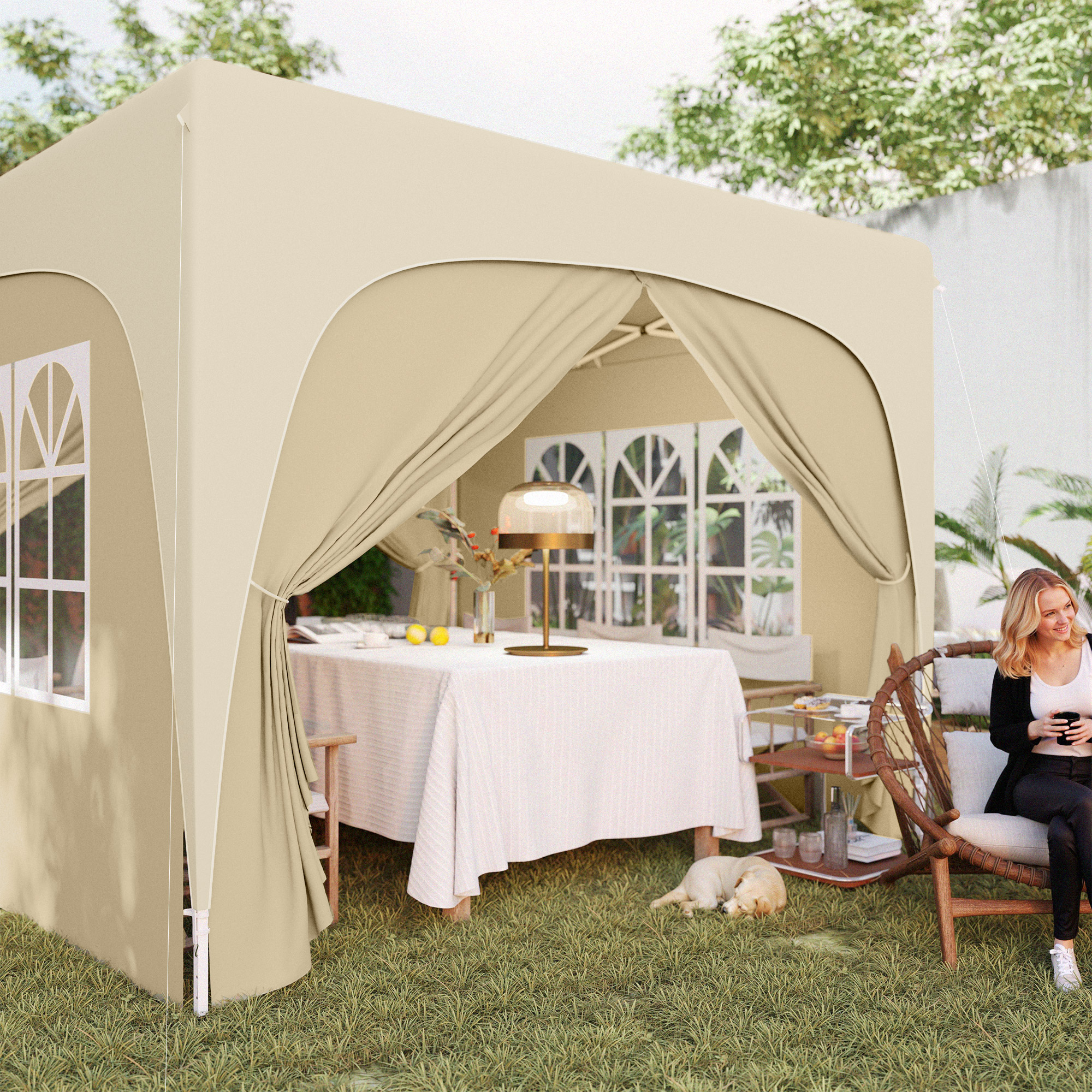 3 x 3 m Pavillon, Pop-up Gartenzelt mit Seitenwänden und Tragetasche, UPF50+, höhenverstellbar, Sand