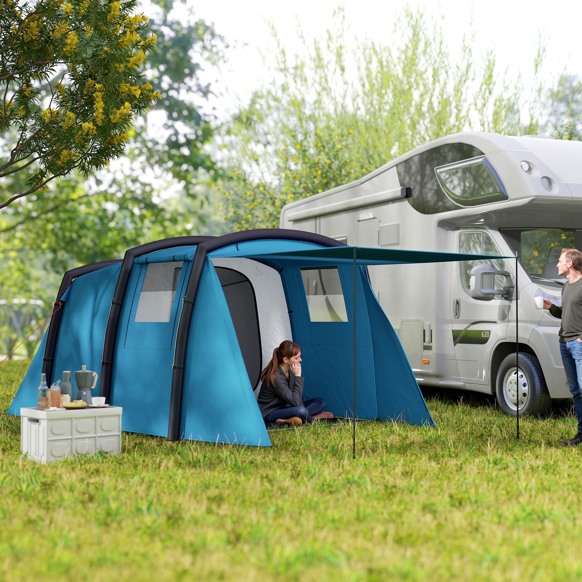 Aufblasbares Campingzelt 3-6 Personen Outdoor Tunnelzelt mit Seitenfenstern Tür Luftträger 4,4 x 2,8 x 1,95 m Blau