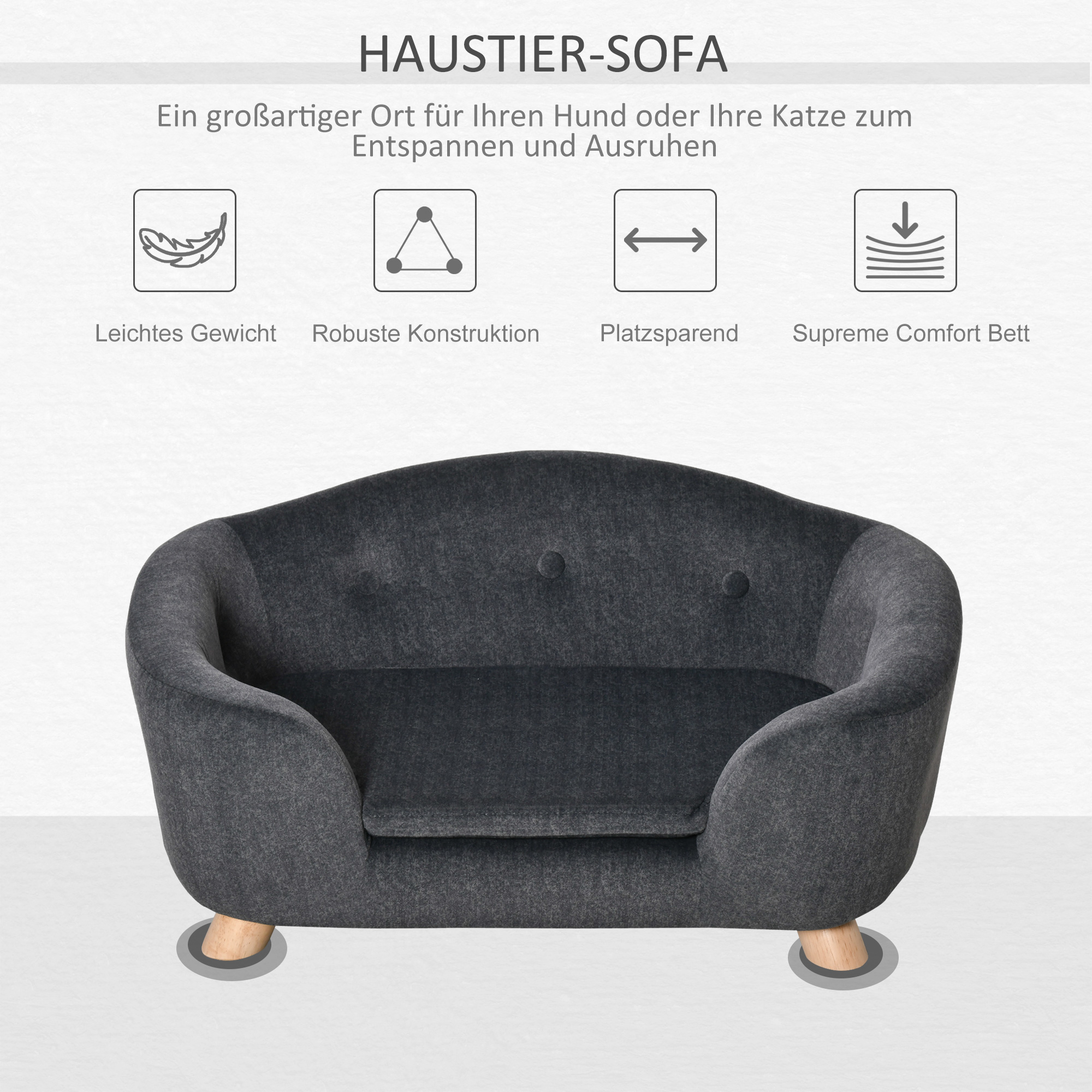 Haustiersofa Hundematte Hundebett Hundesofa Hundecouch Katzen Sofa mit Kissen Rückentasche Plüsch Schaumstoff Kiefernholz Dunkelgrau 70 x 47 x 30 cm