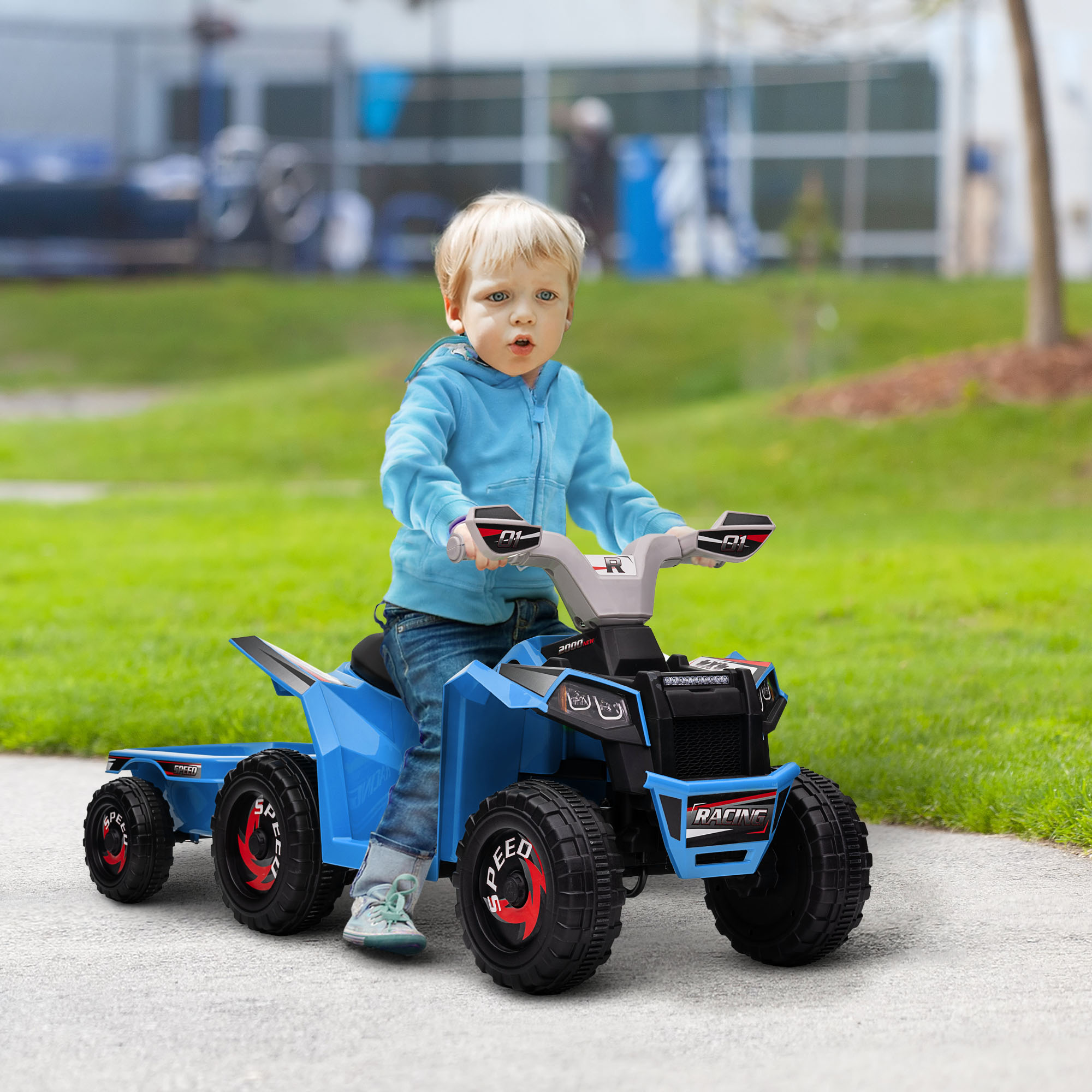 Kinderquad, aufladbar, 2,5 km/h, mit Anhänger, 50 Min. Fahrzeit, für Kinder 1,5 bis 3 Jahre, Blau