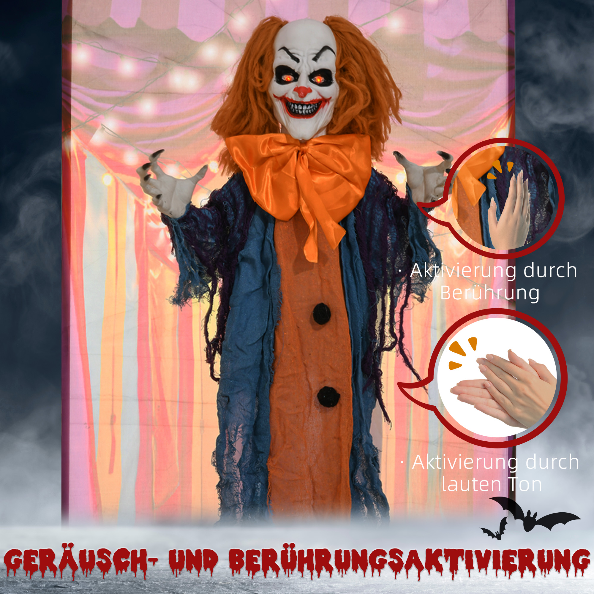 Horrorclown, Helloweendeko, aktiviert mit Geräusche/Berührung, rote Augen, Sound, 168 cm
