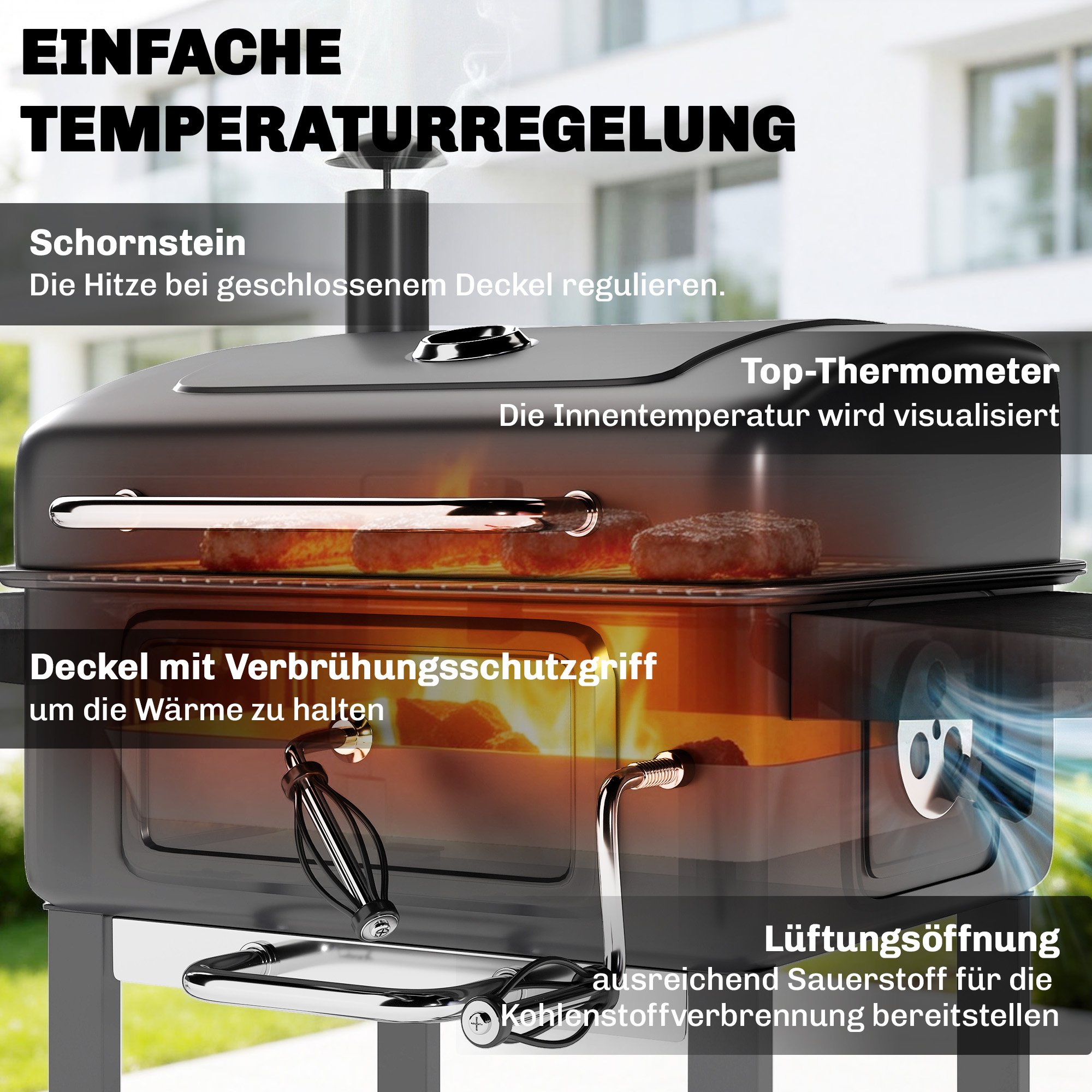 Holzkohlegrill BBQ Smoker mit Deckel Thermometer höhenverstellbar Kohlepfanne Kamin Grillrost Seitentisch Aschefach