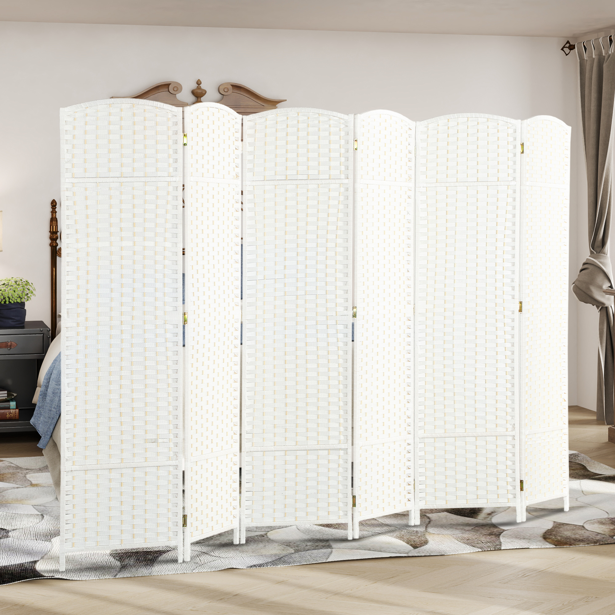 6-teiliger Raumtrenner, Faltbarer Sichtschutz, Sichtschutzwand für Wohnzimmer, Schlafzimmer, Homeoffice, Weiß