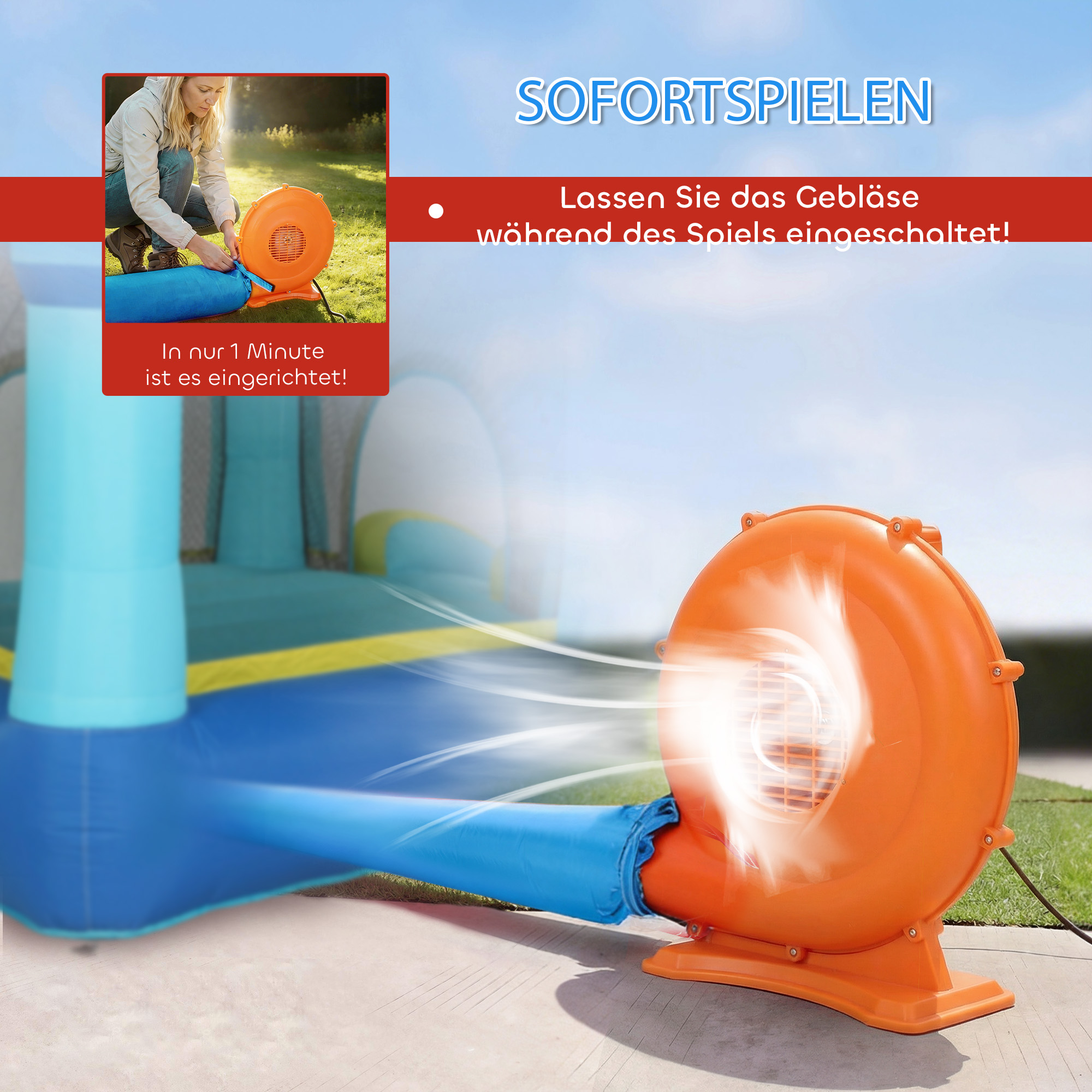 Hüpfburg Aufblasbar Spielcenter mit Gebläse Rutsche Trampolin Planschbecken/Bällebad Wasserpistole 364x173x182 cm Blau