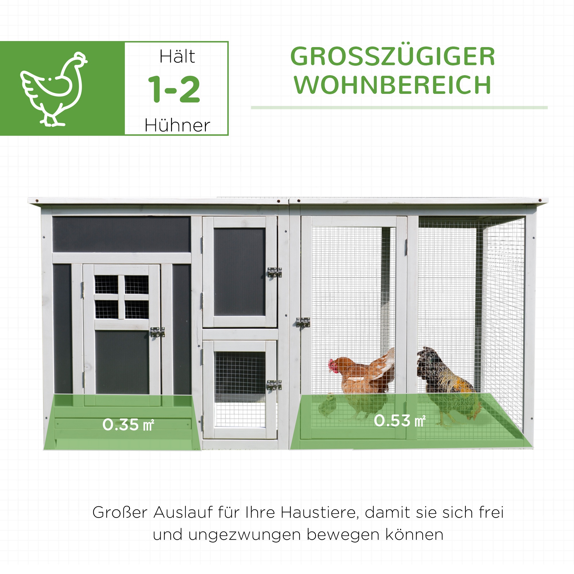 Hühnerstall Hühnerhaus Geeignet für 1-2 Hühner, mit Nistkasten Eierkiste mit 2 Fächern, Tanne, Grau+Weiß, 160 x 75 x 80 cm