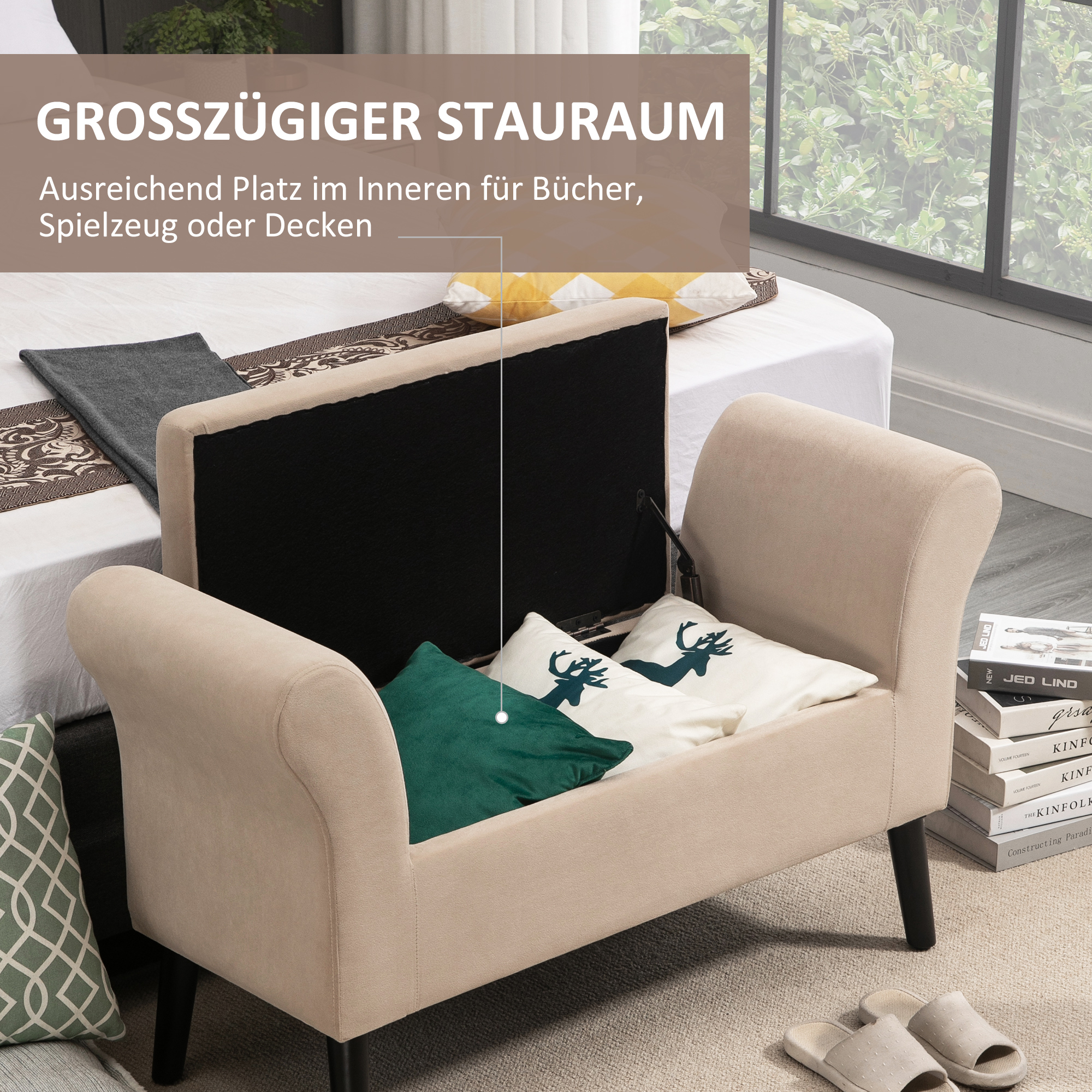 Polsterbank mit Stauraum, Truhenbank mit Armlehnen, 46 cm Sitzhöhe, samtartiges Polyester, 111,5 x 41 x 65 cm, Beige
