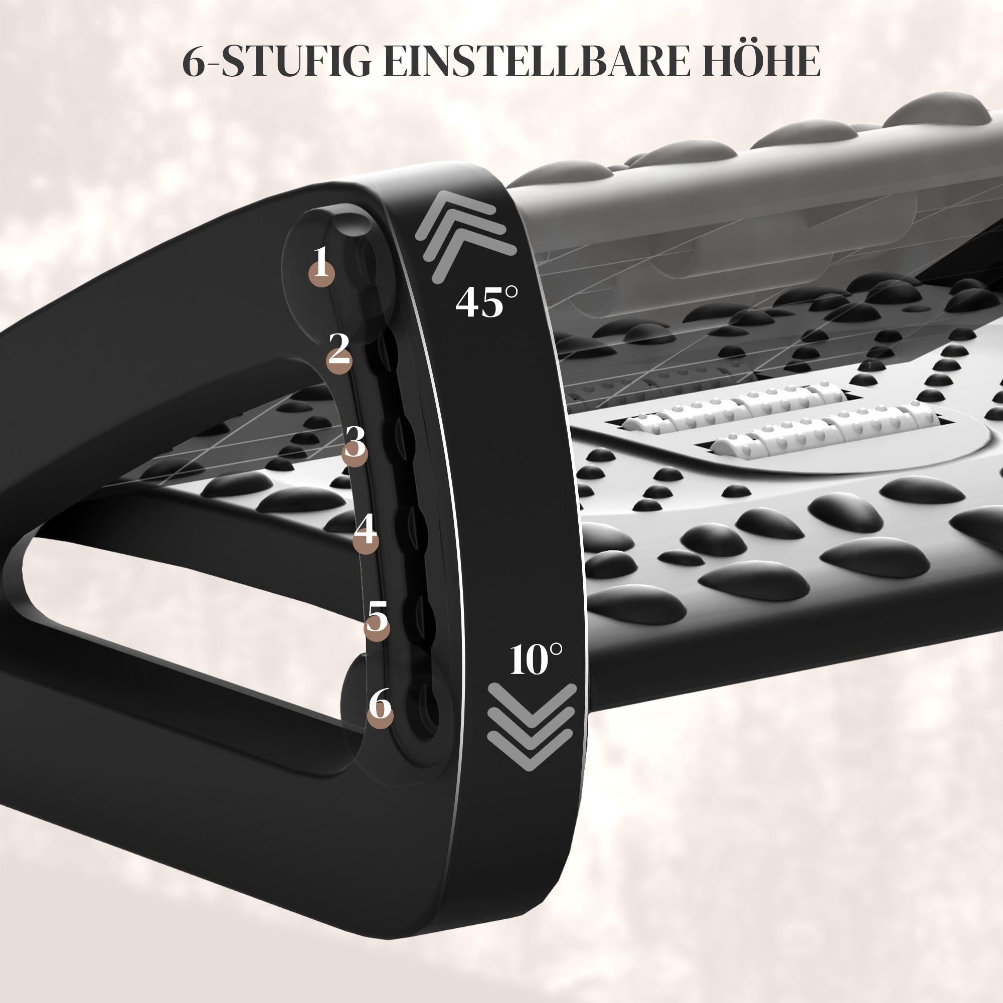 Fußstütze für den Schreibtisch, höhenverstellbarer Fußhocker mit Massage-Oberfläche und Rollen, Kunststoff, Schwarz