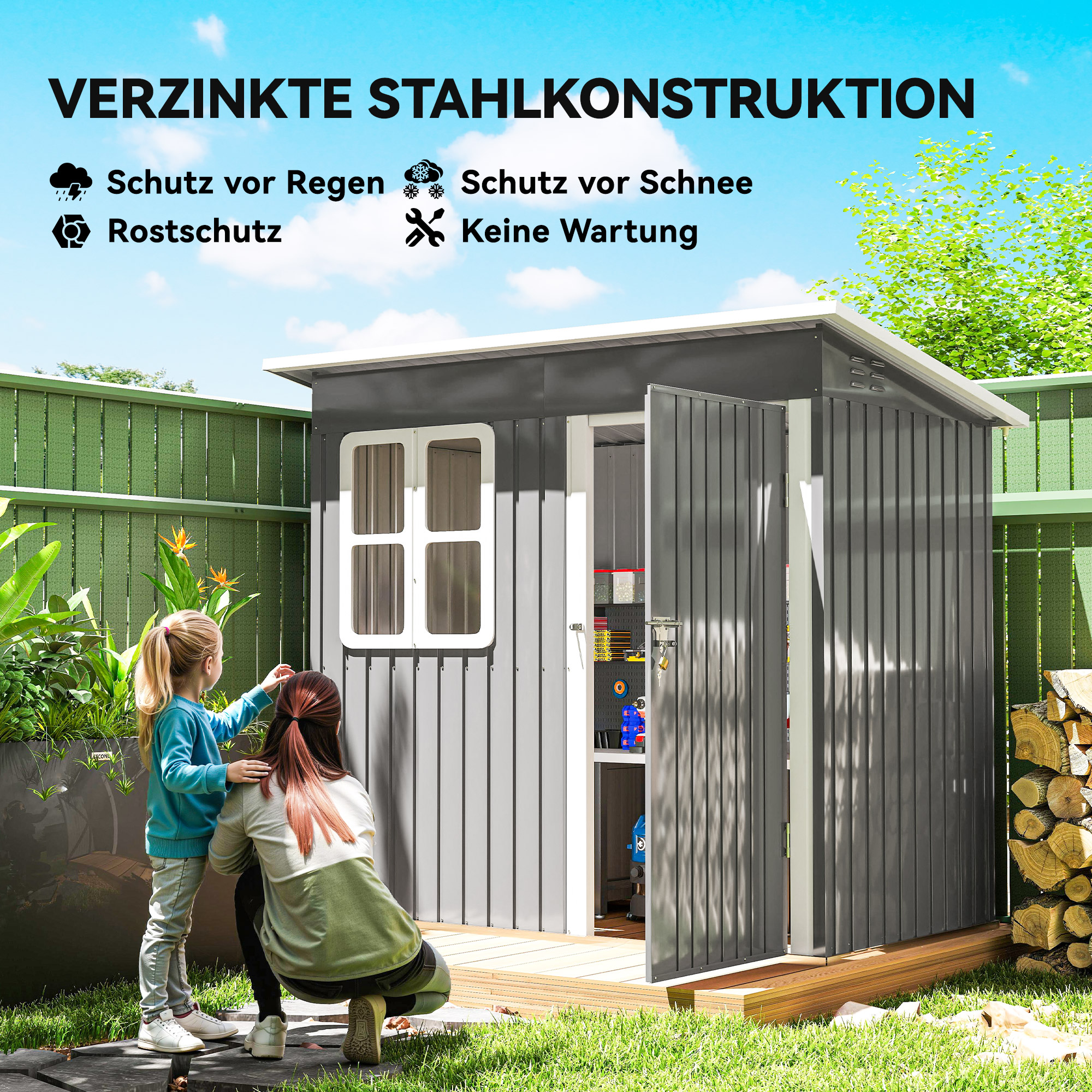 Gartenschuppen, Gartenhaus mit Fenster, verschließbare Tür, für Garten, Terrasse, Stahl, 221L x 133B x 190H cm, Grau