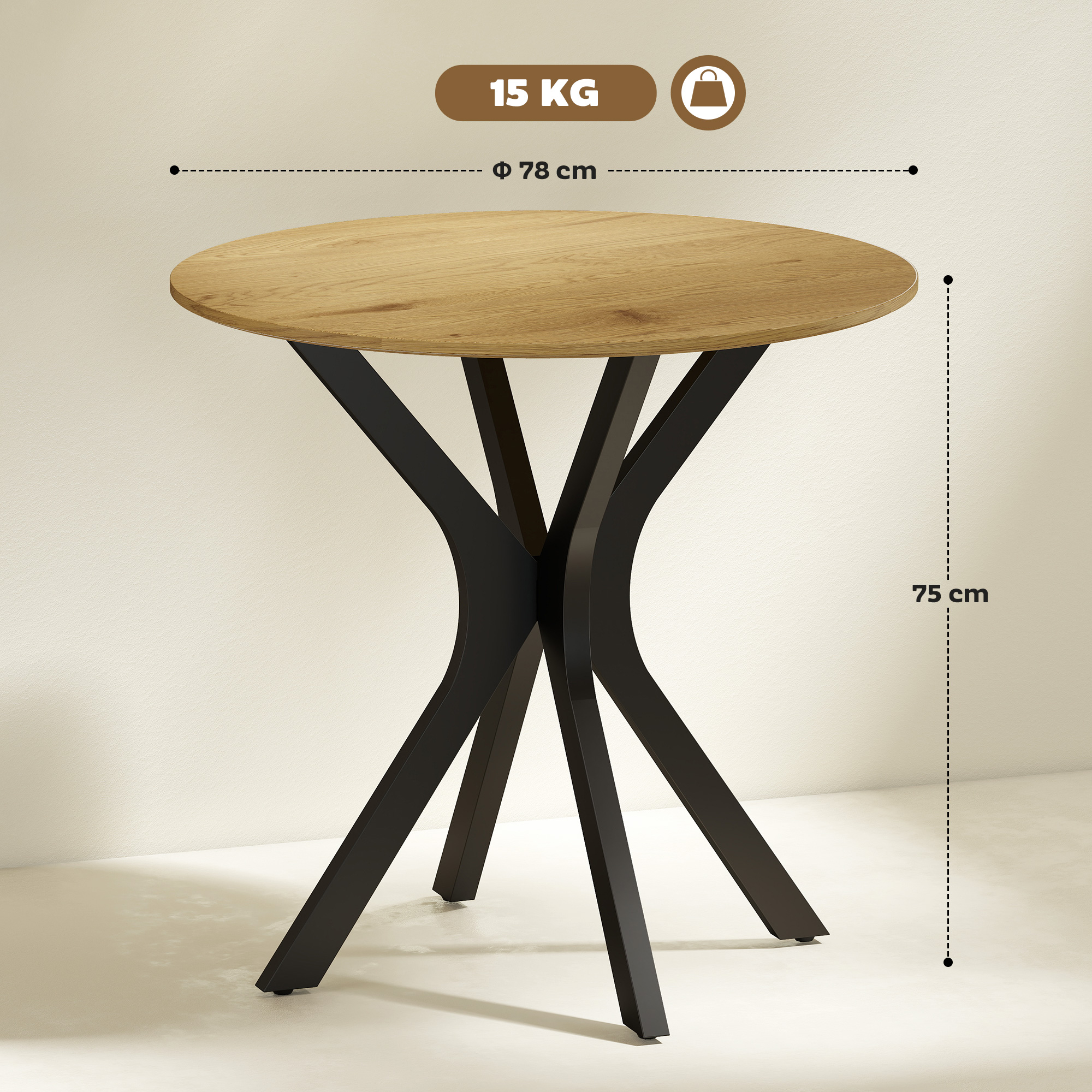 Esstisch Küchentisch Runder Tisch, Modernes Design, 78 cm x 78 cm x 75 cm, Naturholz