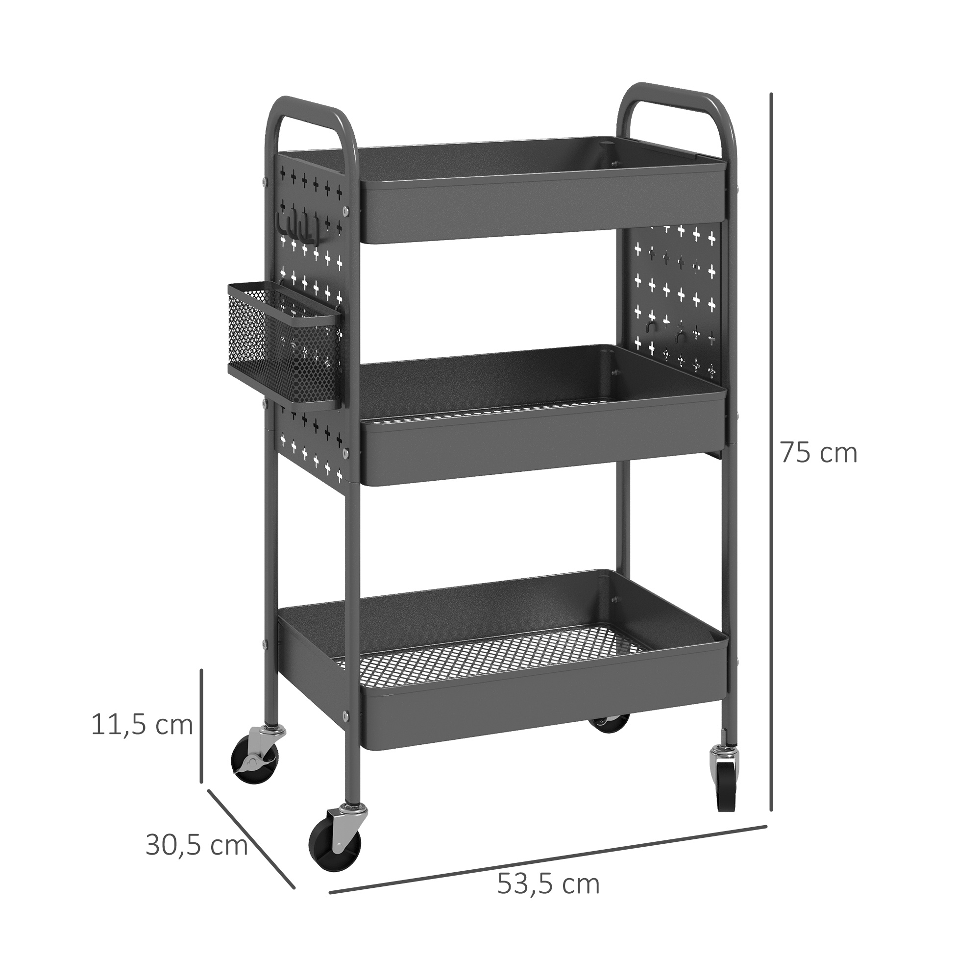 Mehrzweckwagen Rollwagen Küchenwagen, 3 Regale, 4 Rollen, 53,5 cm x 30,5 cm x 75 cm, Grau