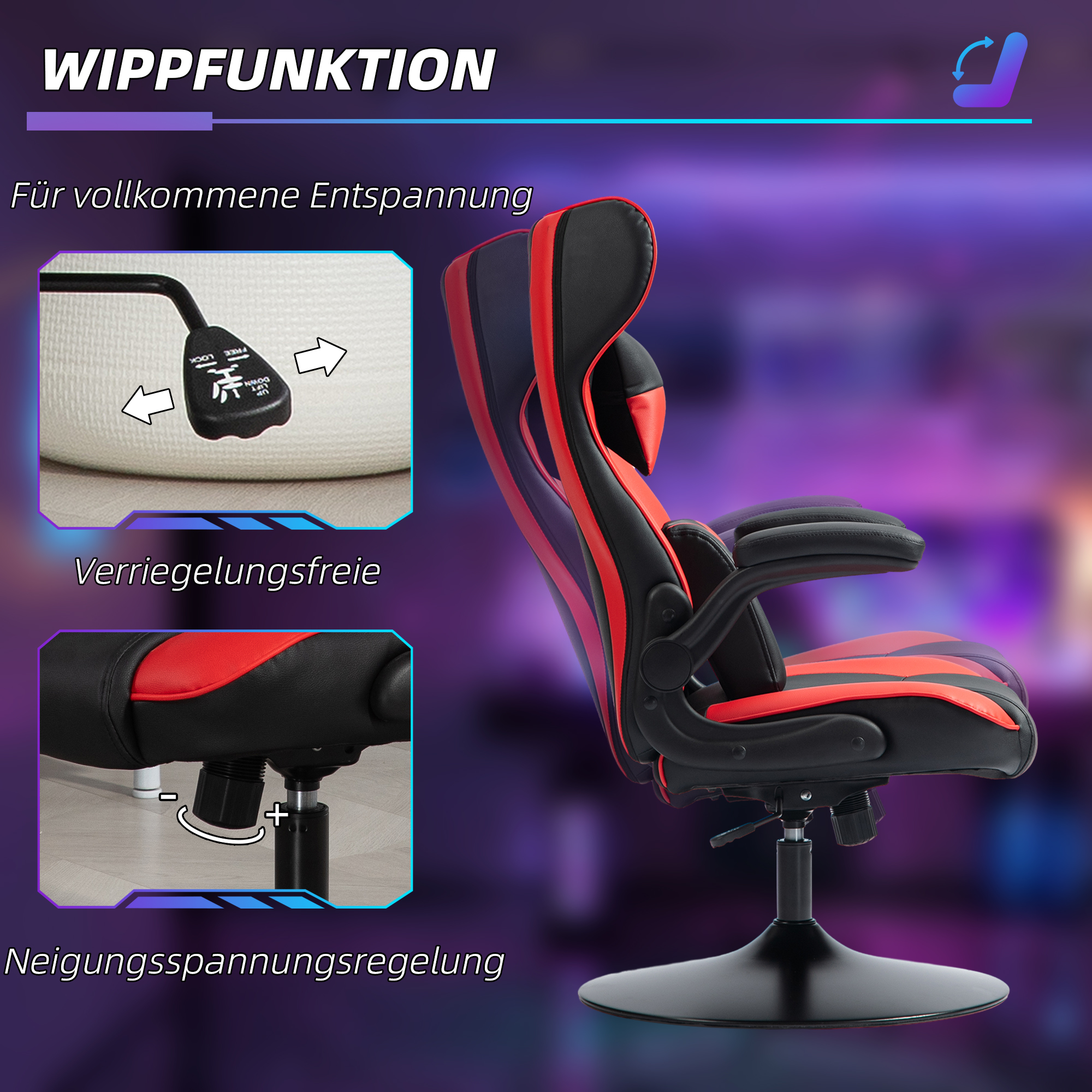 Gaming-Stuhl mit Schaukelfunktion, Drehstuhl, höhenverstellbar, gepolsterter Sitz, Metall, 67 x 71 x 112 cm, Rot