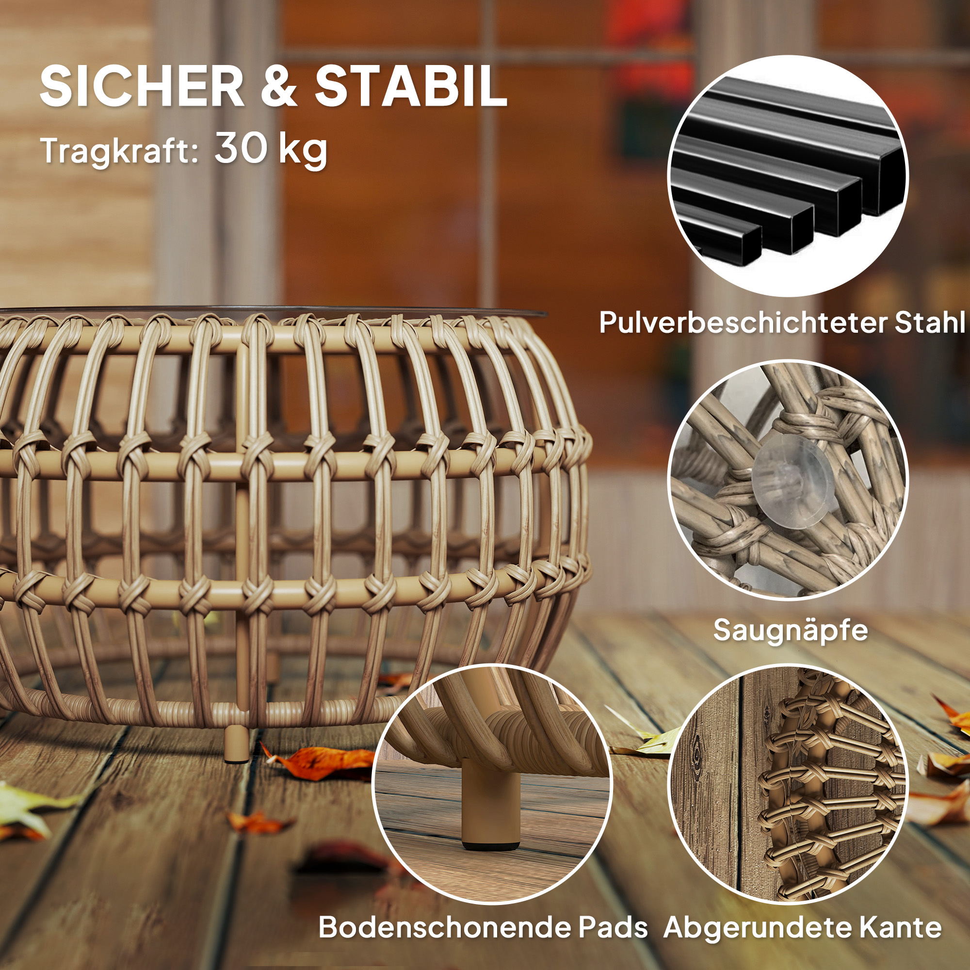 2er Set Beistelltisch Polyrattan Ø66/42 cm rund wetterfest Gartentisch mit Glasplatte Braun