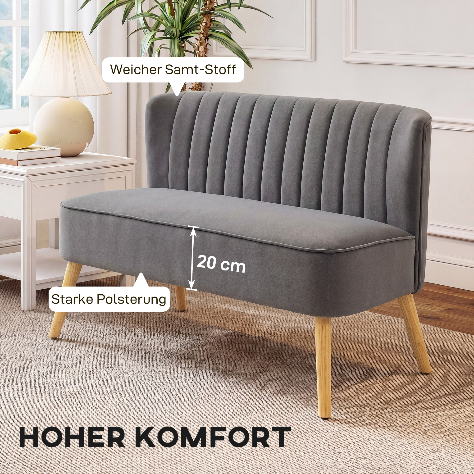 Sofa Retrodesign 2-Sitzer-Sofa, Holzbeine, 117 cm x 56,5 cm x 77 cm, Dunkelgrau