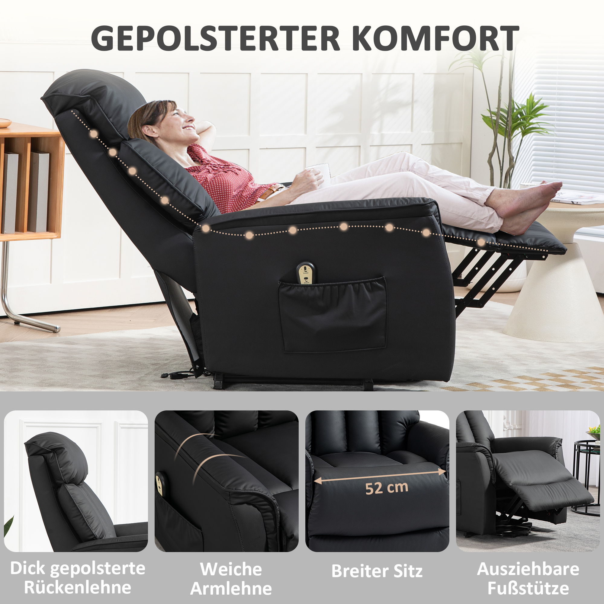 elektrischer Aufstehsessel, Fernsehsessel, Sessel mit Aufstehhilfe, Liegefunktion, Kunstleder, 80 x 94 x 104 cm, Schwarz
