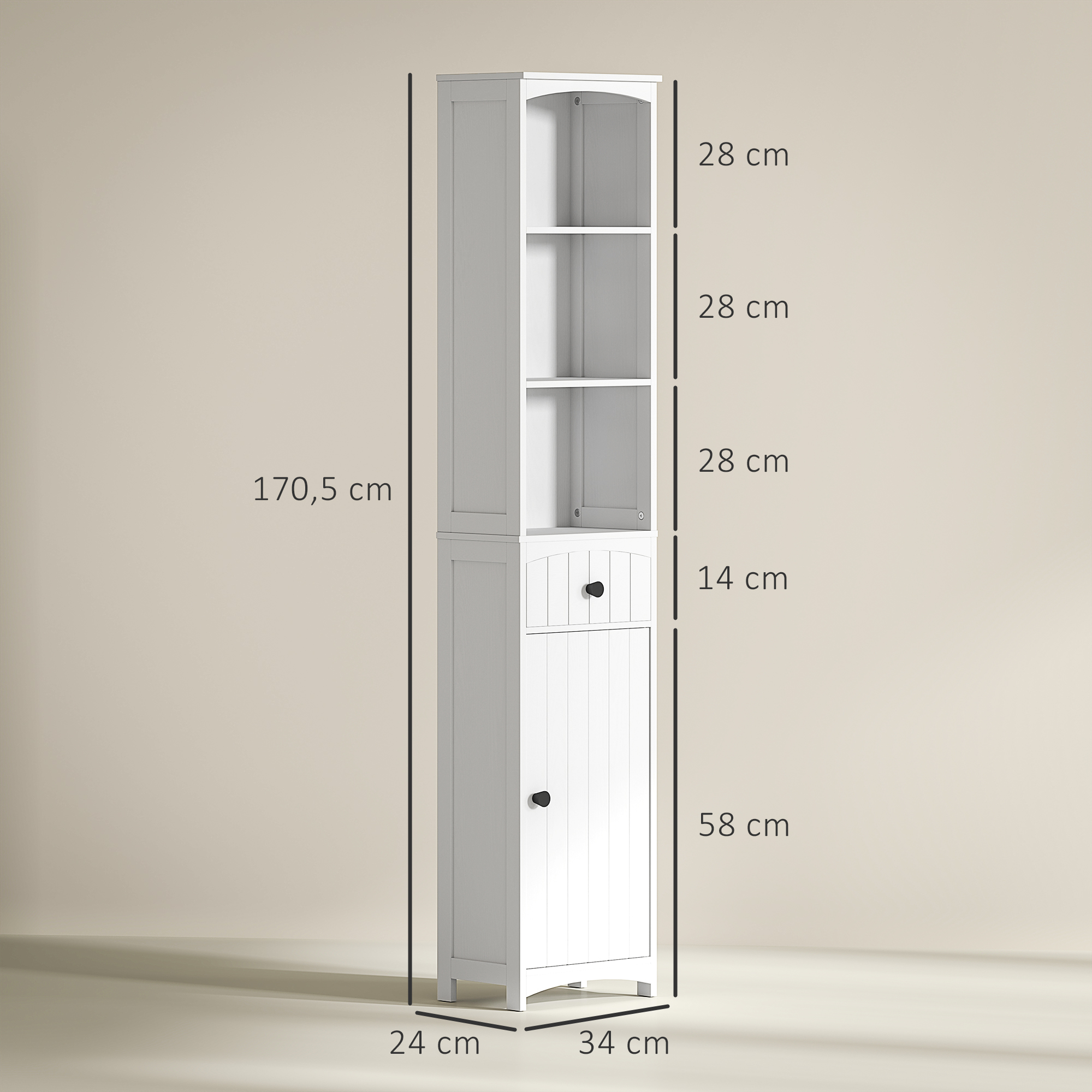 Badezimmerschrank mit 3 Regalen, 1 Schublade, robust, MDF, Weiß