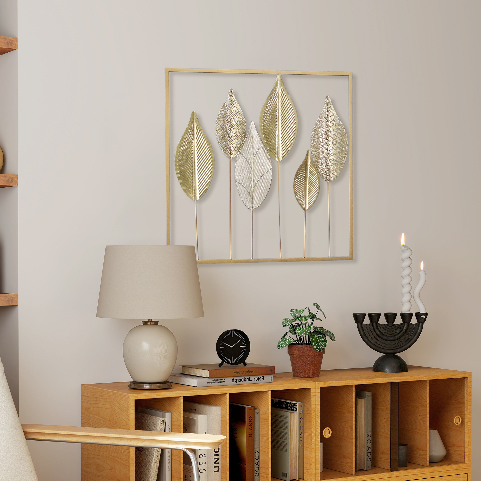 Metallrahmen mit Blattdesign, Wandschmuck, moderner Stil, Goldfarben