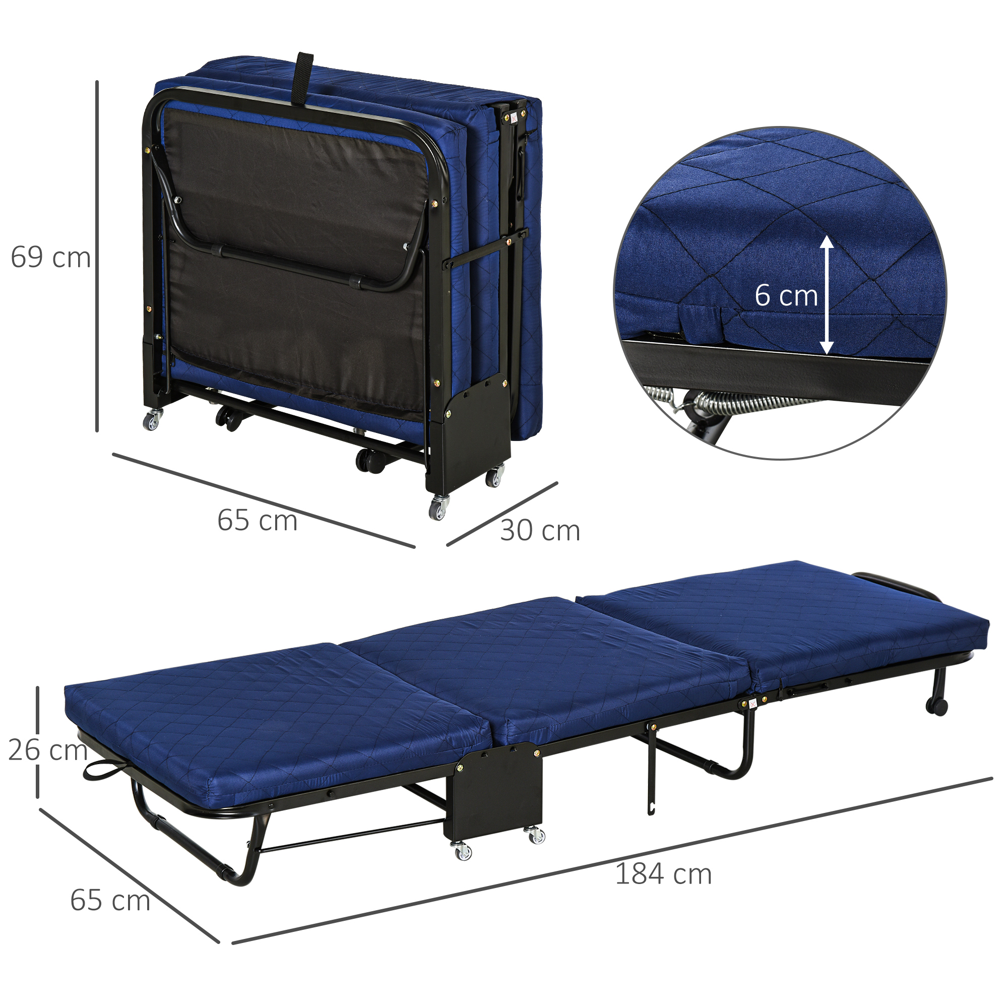 Klappbett 65x184 cm, Erwachsene Gästebett Klappbar mit 6 cm Dicker Schaumstoff, Reisebett mit Metallrahmen, Feldbett mit Rollen und höhenverstellbarem Kopfteil, bis 120 kg belastbar, Blau