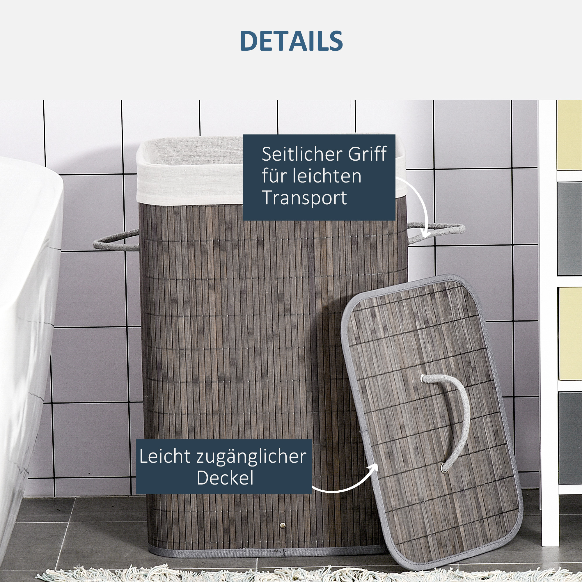 Wäschekorb mit Griffen und waschbarem Wäschesack, Rattan, Polyester, Baumwolle, Metall, 43L x 32B x 61H cm, Grau