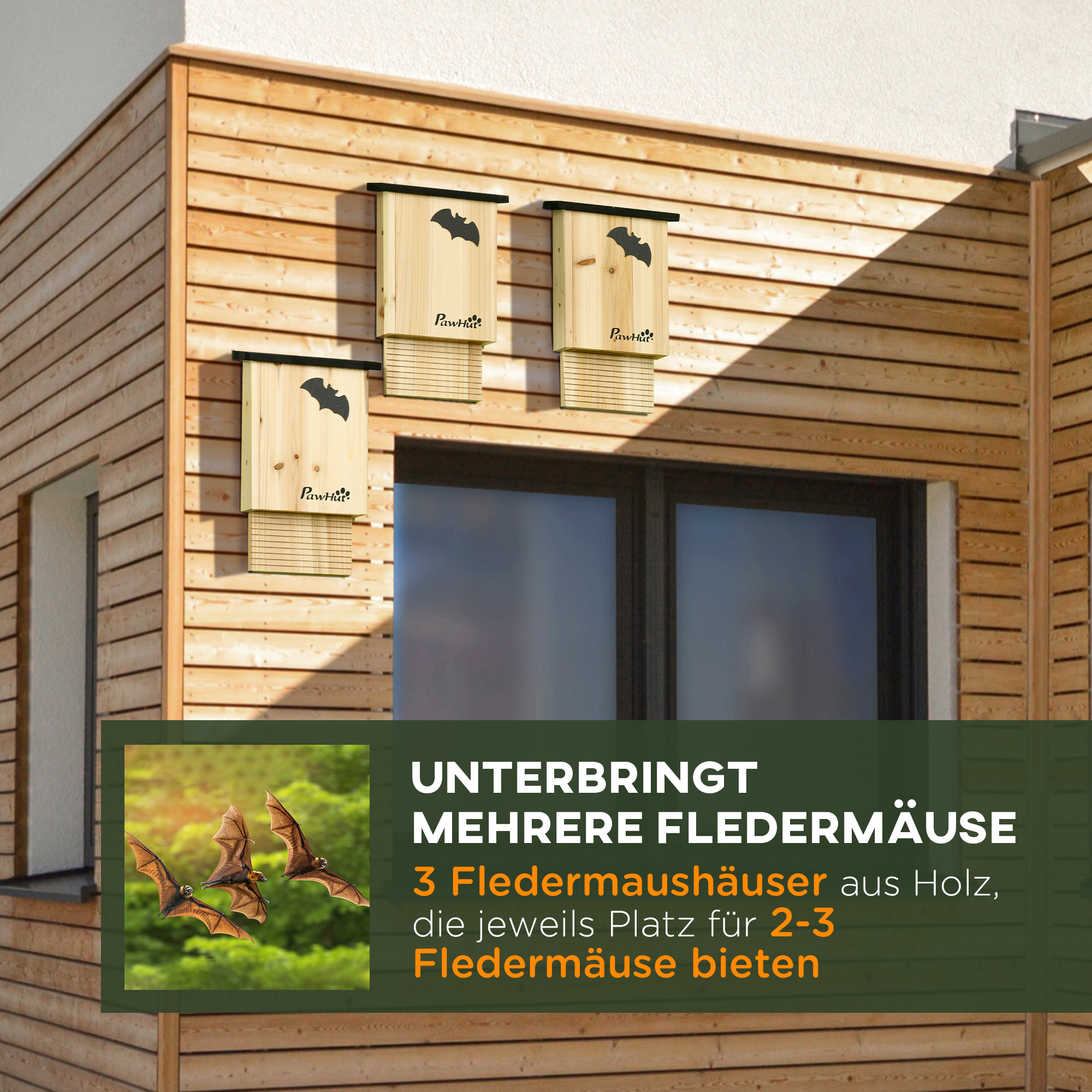 3er-Set Fledermaushaus, wetterbeständig, bis zu 3 Fledermäuse pro Haus, behandeltes Tannenholz, Natur + Schwarz