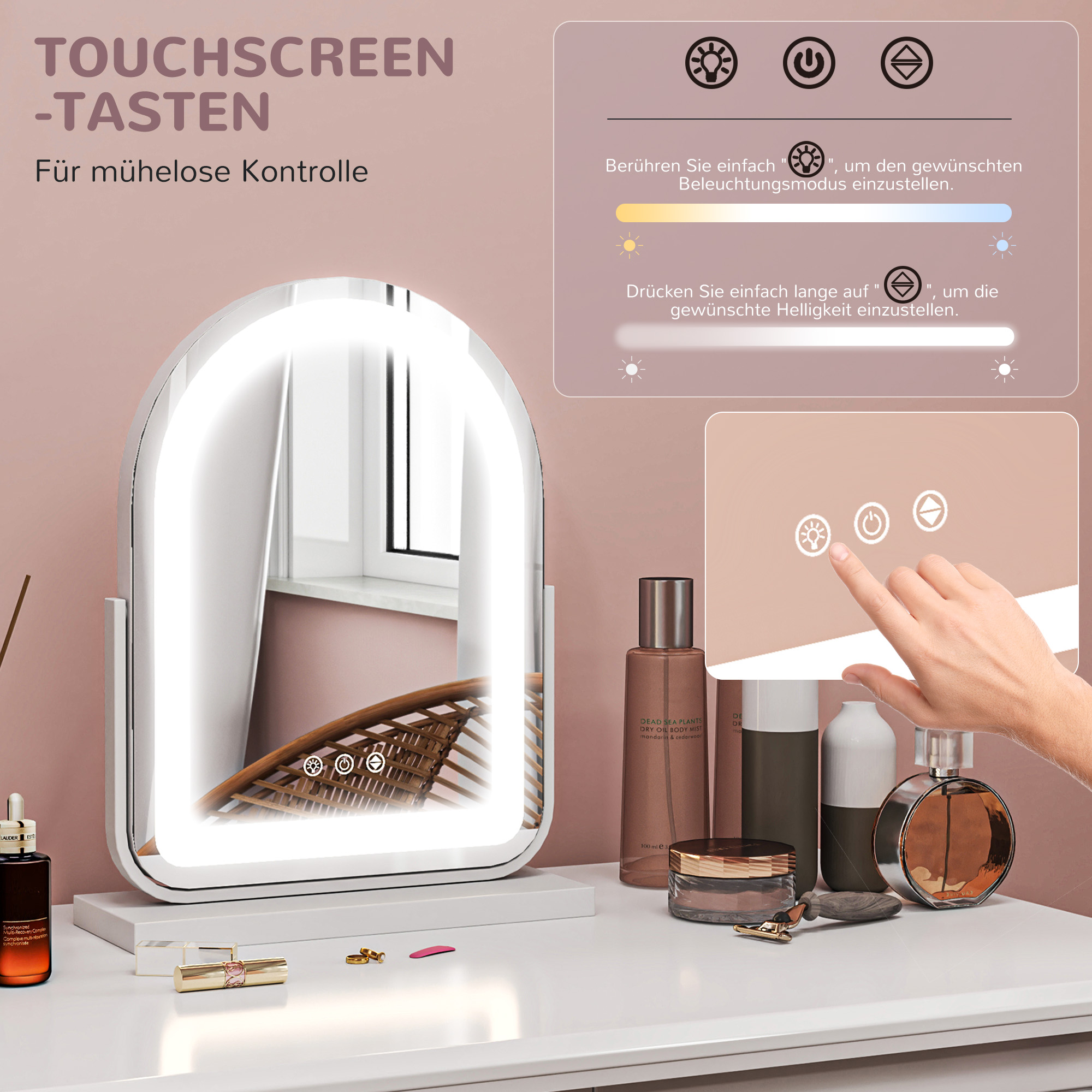 Kosmetikspiegel mit LED-Beleuchtung, 3 Lichttemperaturen, drehbar, Touch-Steuerung, Weiß