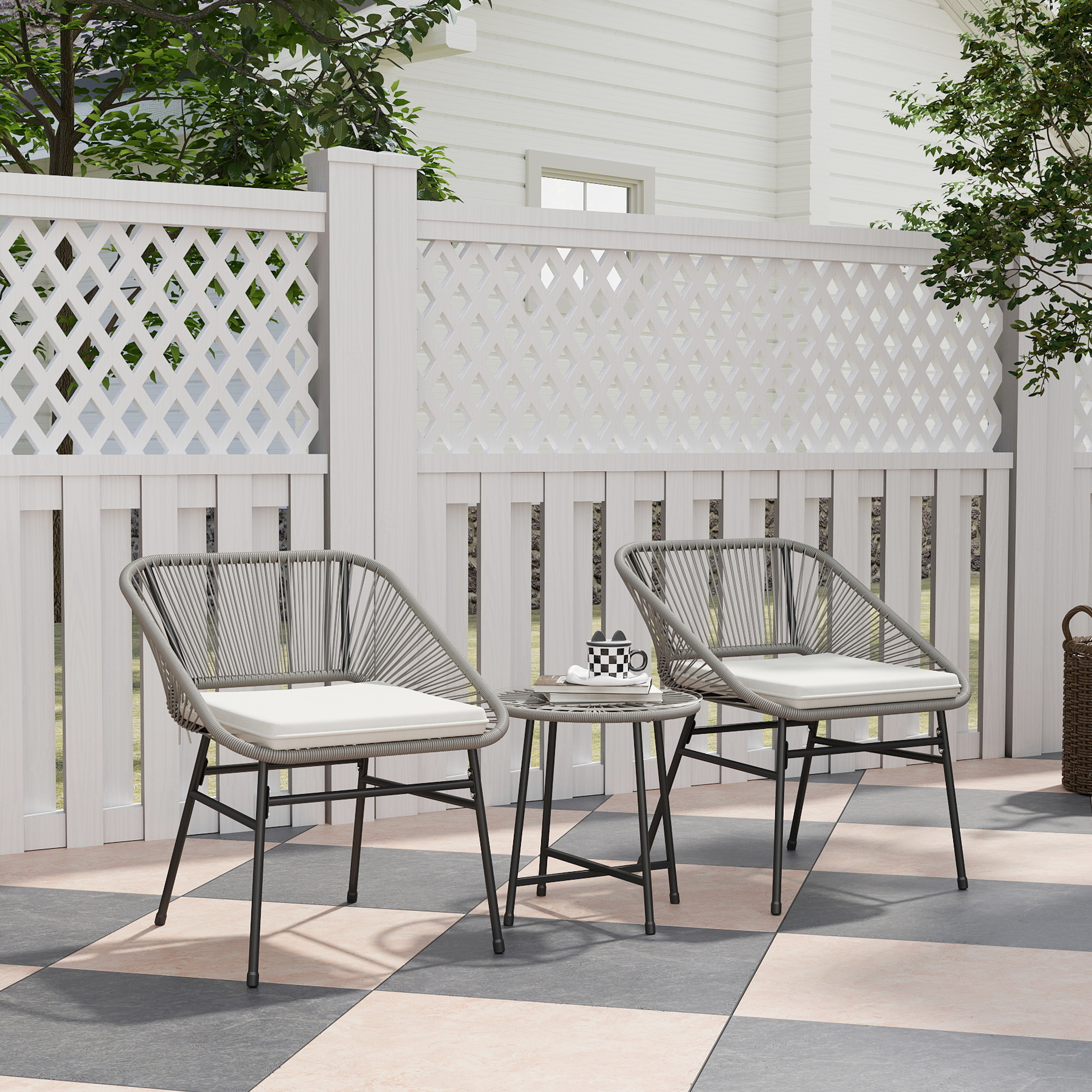 3-teiliges Outdoor-Möbelset, 1 Tisch, 2 Stühle, Rattan-Geflecht, Stahlrahmen, Kaffeetisch mit Glasplatte, Dunkelgrau