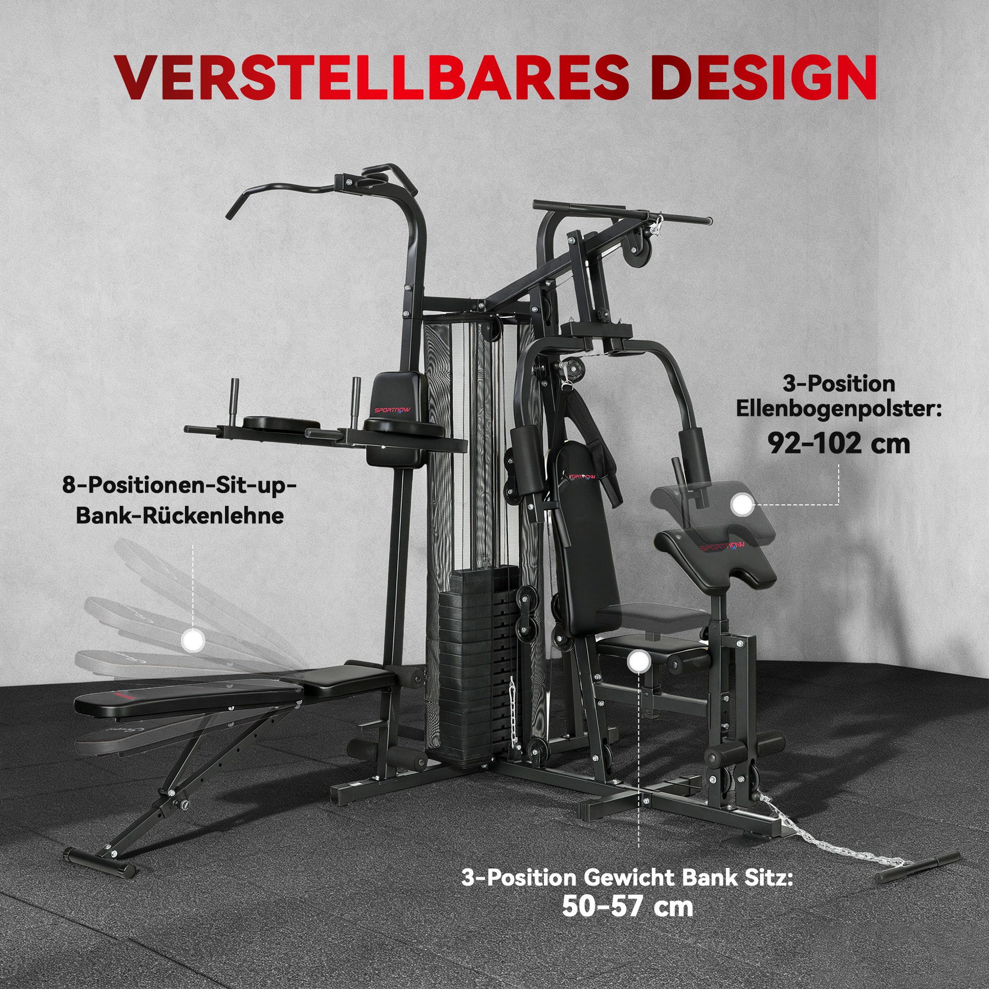 Multifunktions-Trainingsstation, Heimfitness-Maschine für über 10 Übungen, Gewichte, anpassbare Fitnessbank, Schwarz