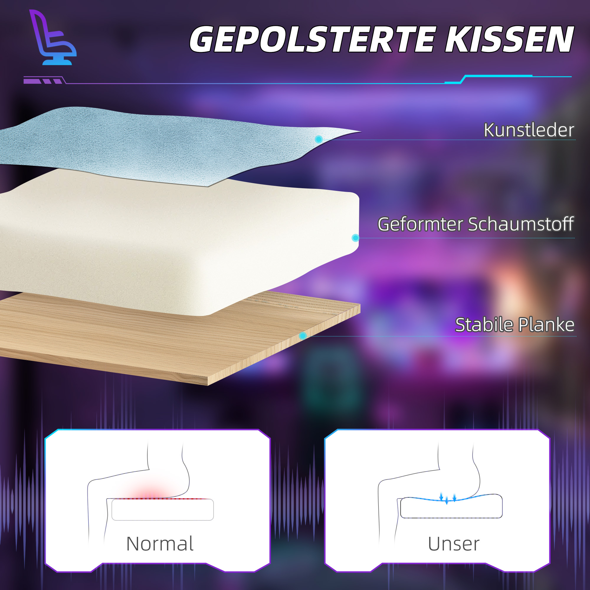 Gaming-Sessel, verstellbare Armlehnen & Rückenlehne, Kunstlederbezug, bis 120 kg, Blau
