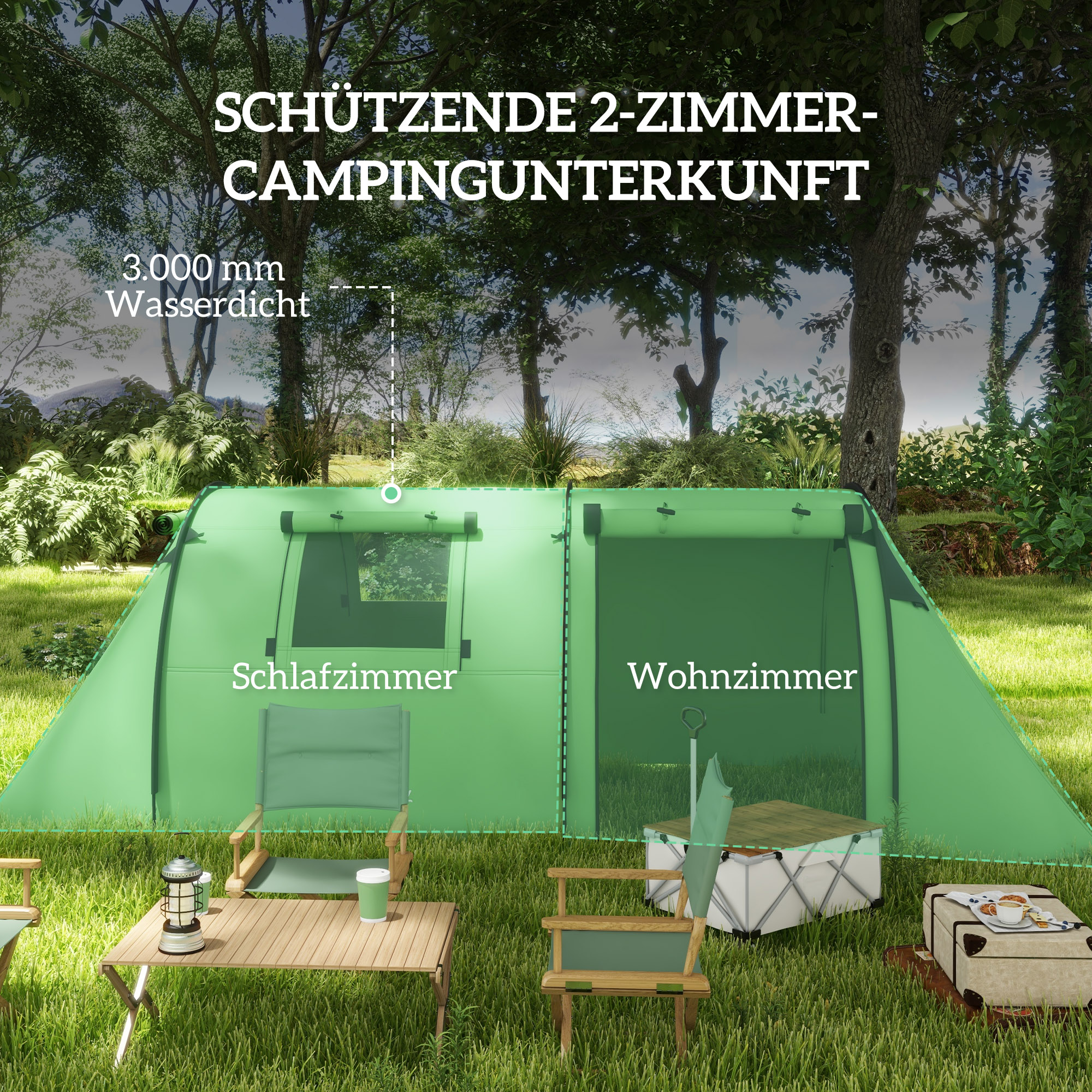 Campingzelt für 3-4 Personen stabil wasserdicht Familienzelt mit Schlafzimmer Wohnzimmer 3000mm Wassersäule Dunkelgrün