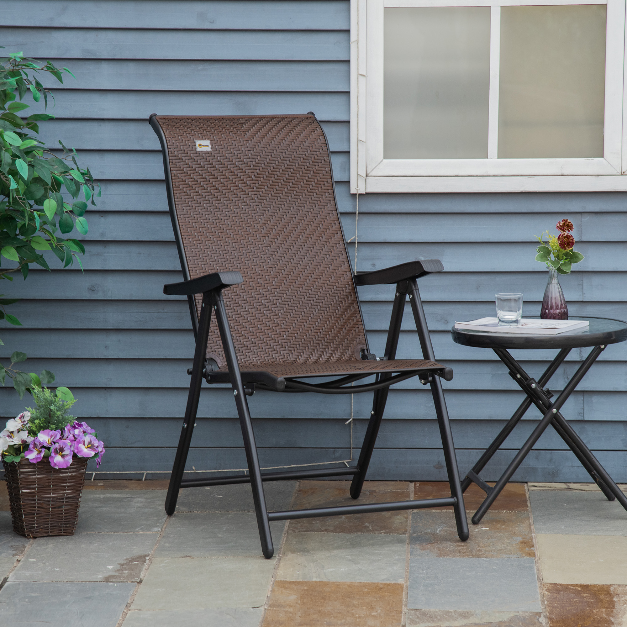 Polyrattan Gartenstuhl Klappstuhl mit 7-Fach Verstellbarer Rückenlehne wetterfester klappbar Balkonstuhl Campingstuhl 120kg Belast Gartenstühle für Garten, Balkon 58x71x111cm Braun+Schwarz