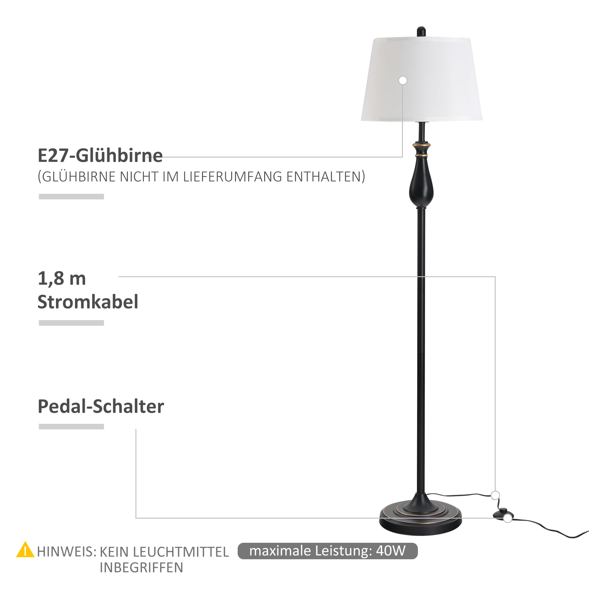 3er-Lampenset 2 Tischlampe(ø30 x 62H cm) + 1 Stehlampe(ø38 x 158H cm)  Vintage, Schwarz+Weiß, Metall, PS, Polyester, Baumwolle E27 Lampensockel