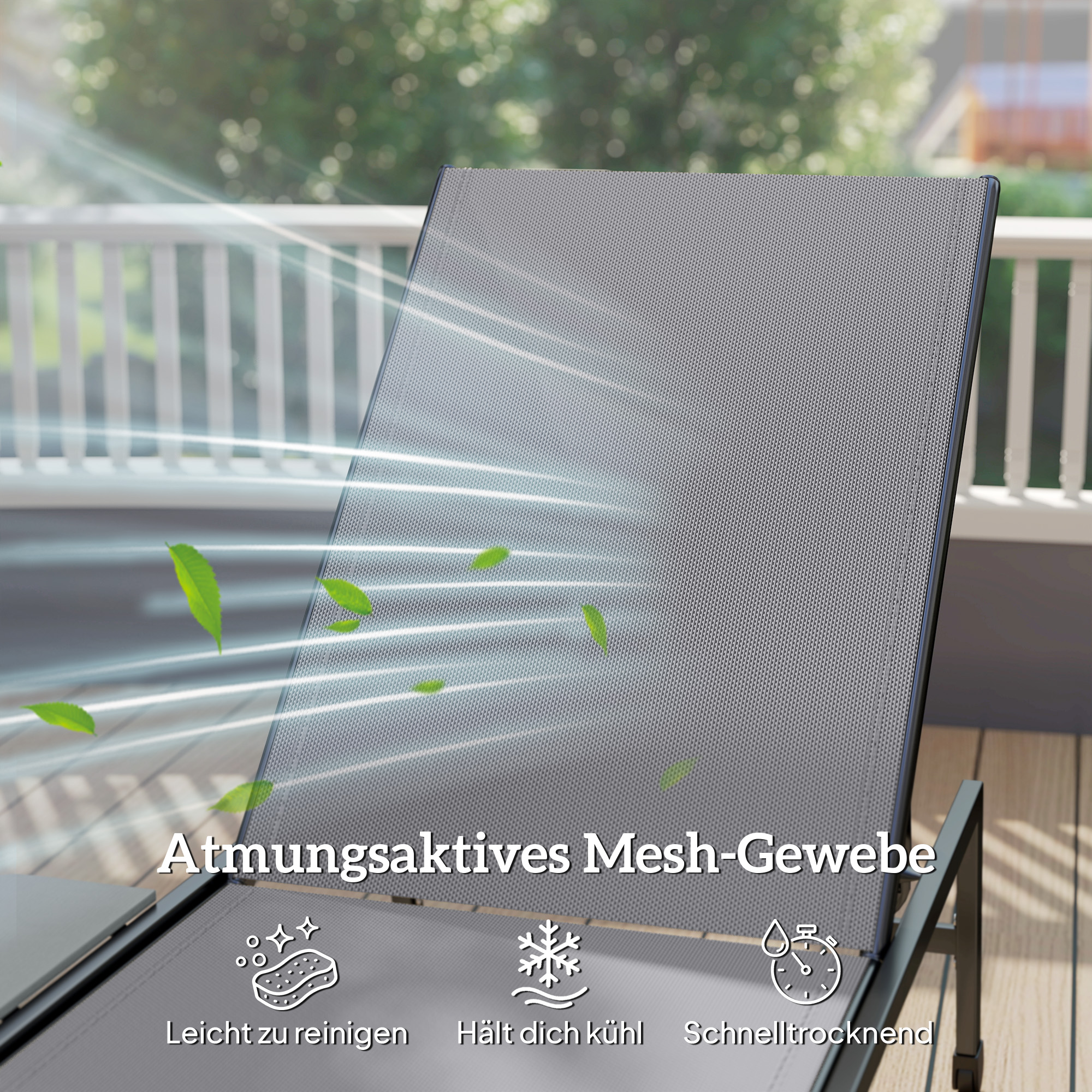 2er Set Sonnenliege Gartenliege mit 5-Fach höhenverstellbarer Rückenlehne Seitentisch 2 Räder, rutschfeste Füße Grau