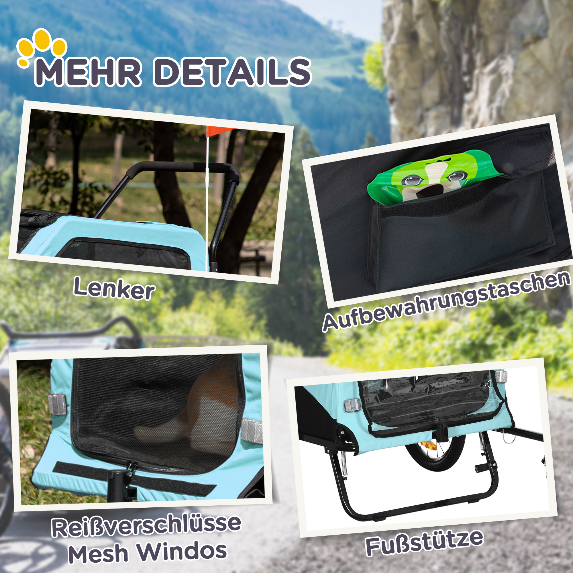 2-in-1 Hundeanhänger Hundewagen Fahrradanhänger bis 30kg klappbar Schiebefunktion 2 Eingänge Netzfenster Sonnenschutz Stahlrahmen hellblau 170 x 77 x 90 cm