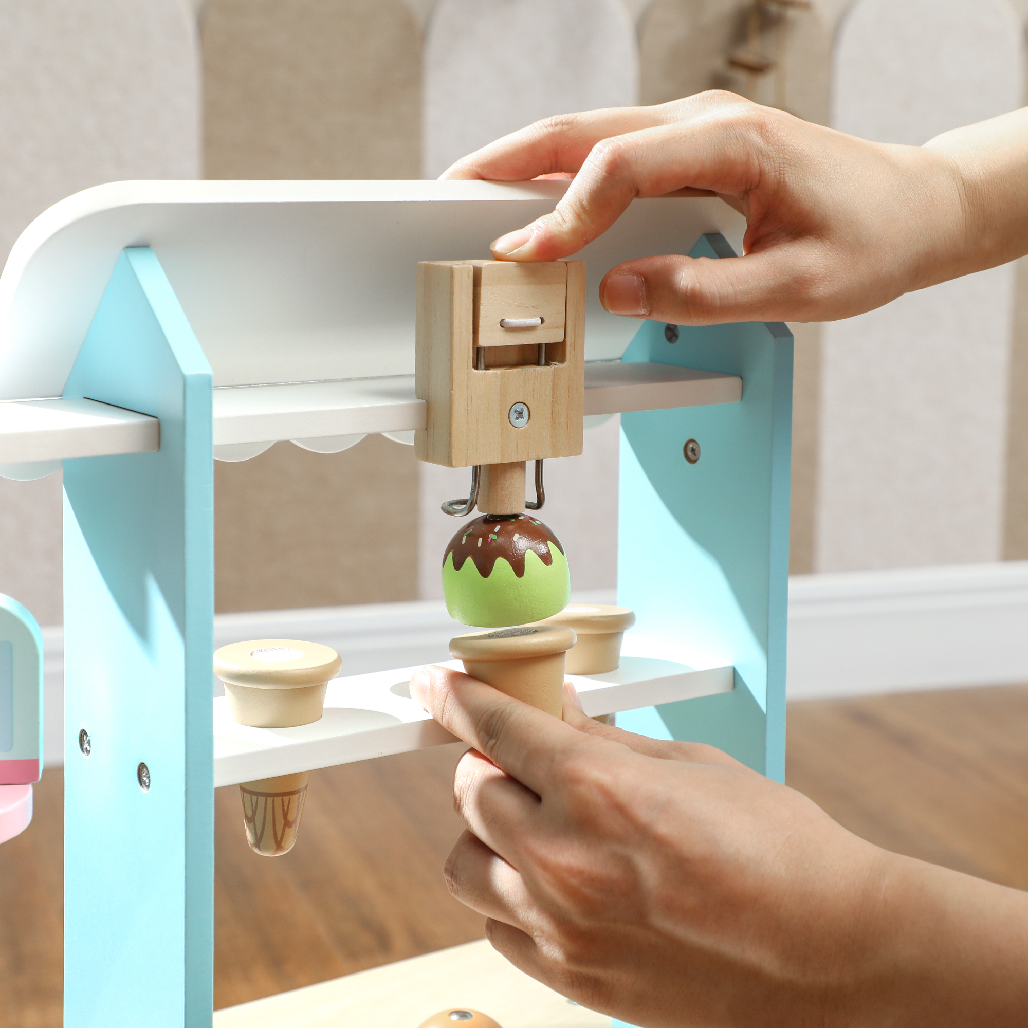 Eiswagen für Kinder Eisdiele Kinder 17 Stück Eis Kinderküche mit 17 Zubehörteile, Ofen, MDF, Hellblau