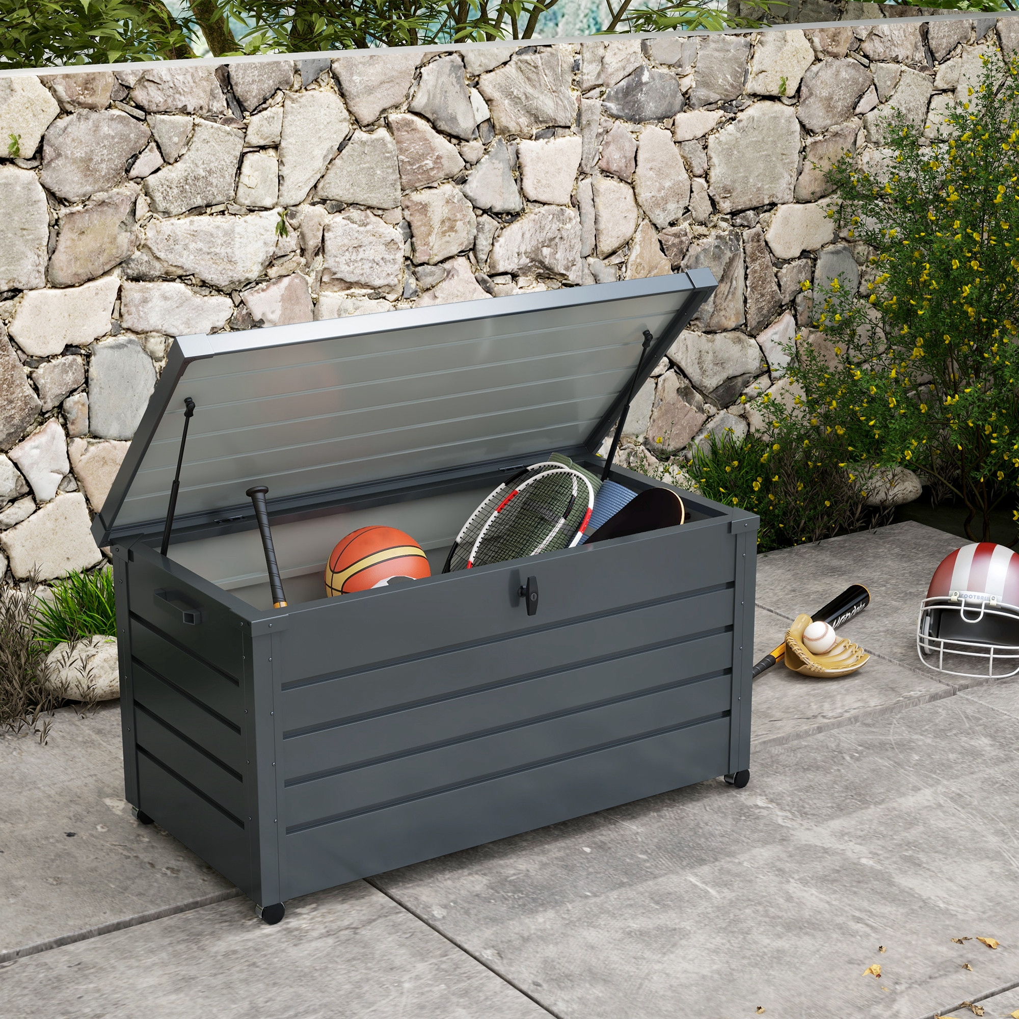 Outdoor Aufbewahrungsbox, Gartenbox, Kissenbox, wetterbeständig, 4 Rollen, 100 x 62 x 65 cm, Dunkelgrau