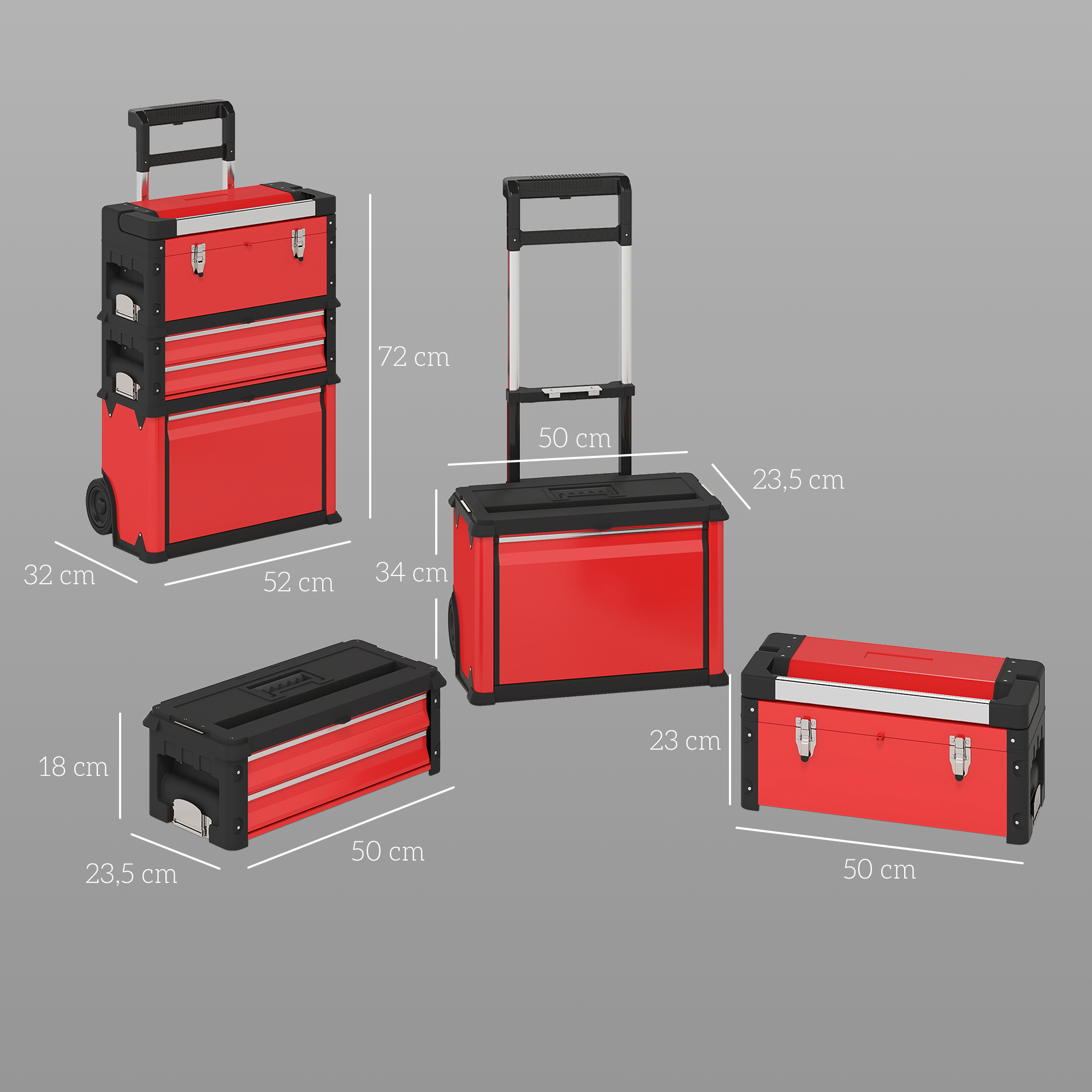 3-stufiges Werkzeugkasten-Set, mit Rädern, ineinandergreifend, Stahl, Kunststoff