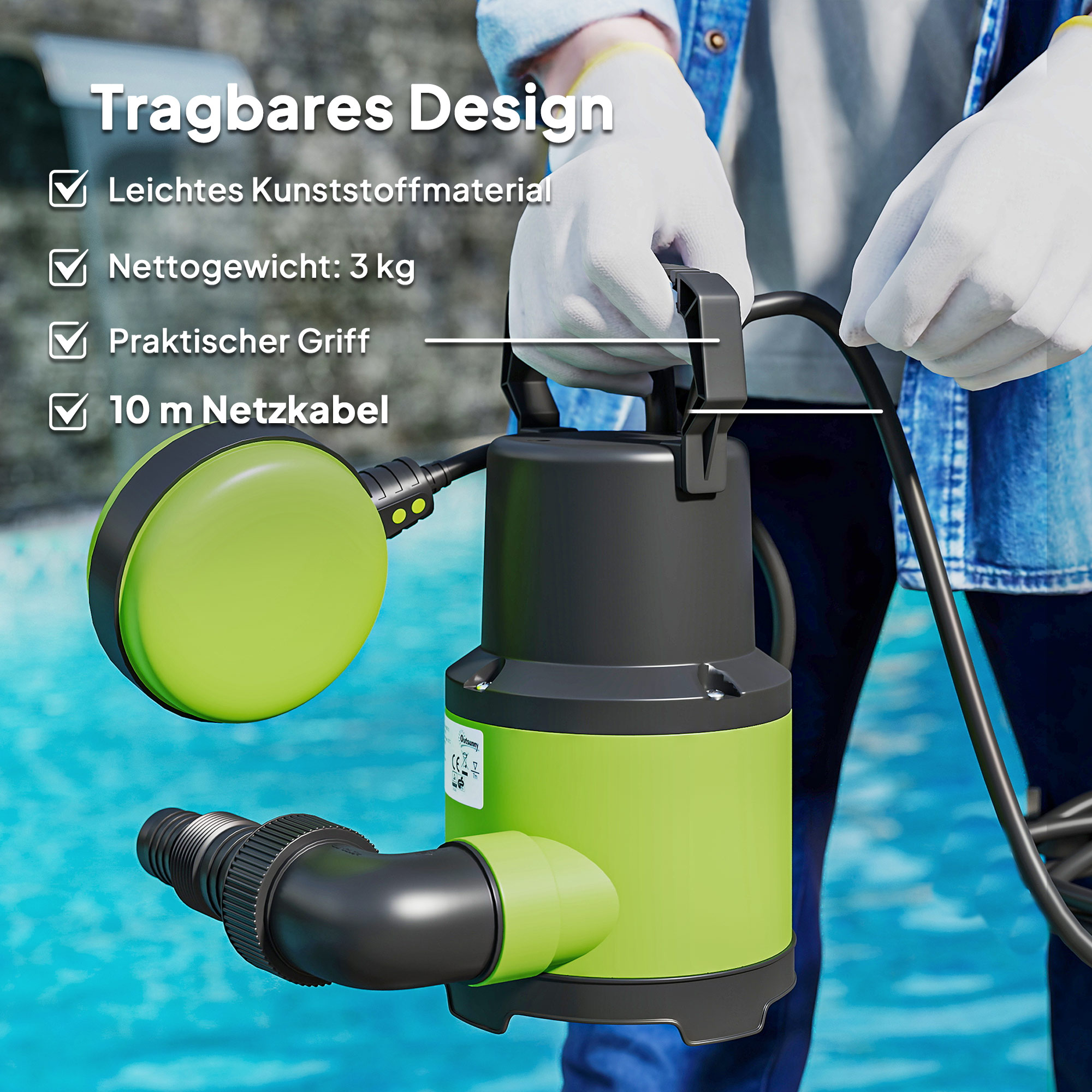 Tauchpumpe Teichpumpe Wasserpumpe mit Schwimmschalter Springbrunnen 400W 9000L/h 16 x 14 x 27 cm Grün