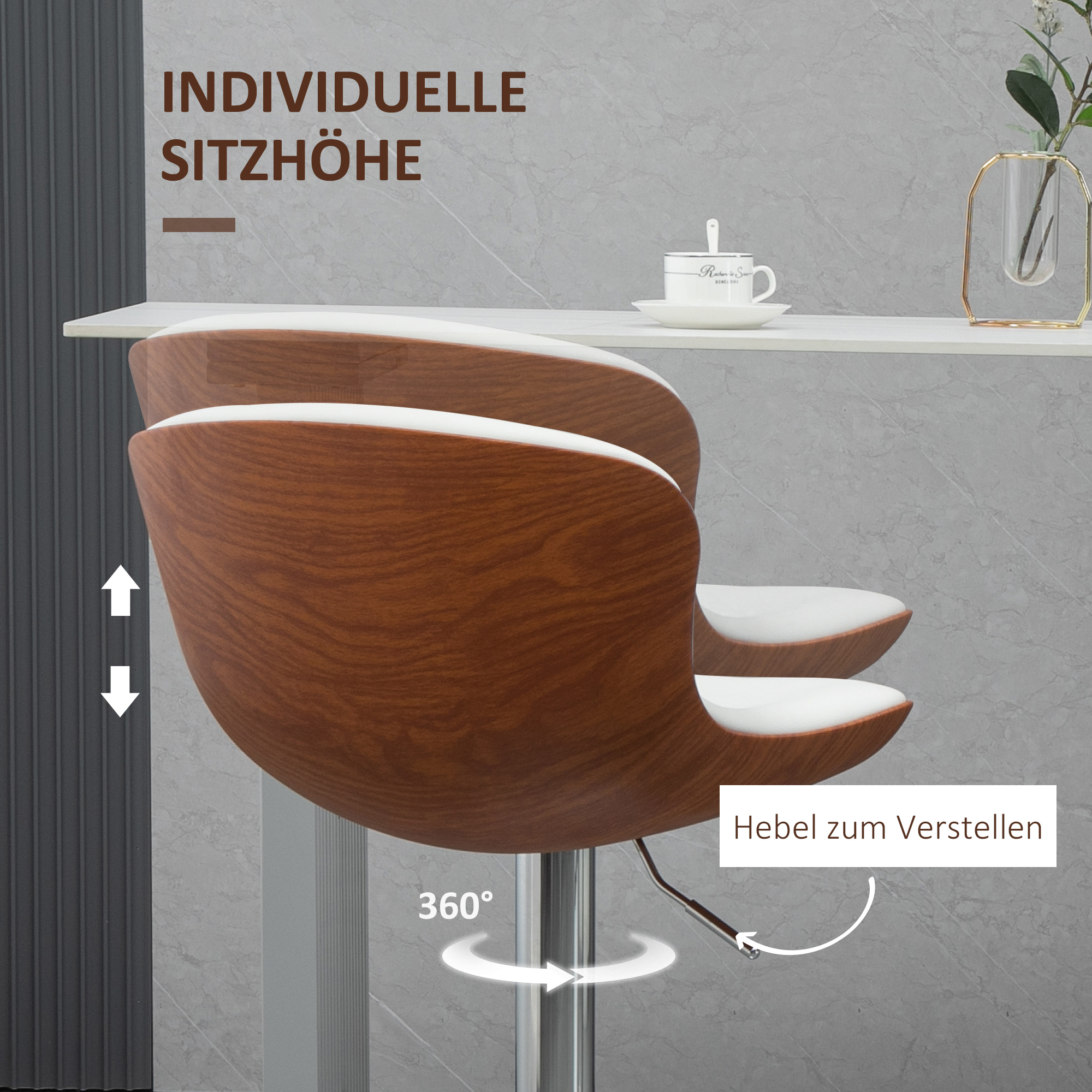 2er-Set Barhocker, höhenverstellbar, Metallgestell, drehbarer Sitz, Cremeweiß