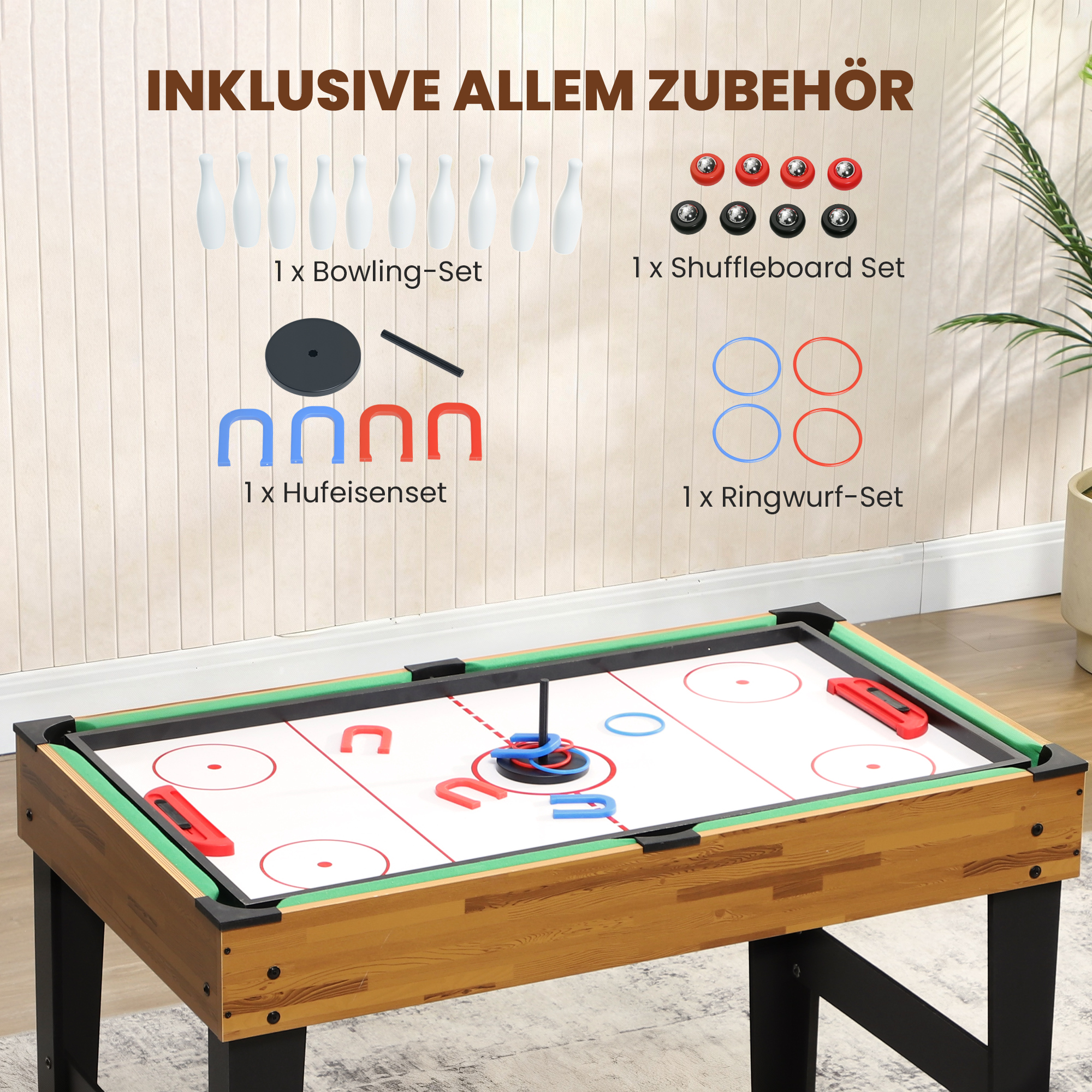 13-in-1 Spieletisch, Tischfußball, Schach, Billard, Tischtennis und mehr, MDF, Kunststoff, Walnuss