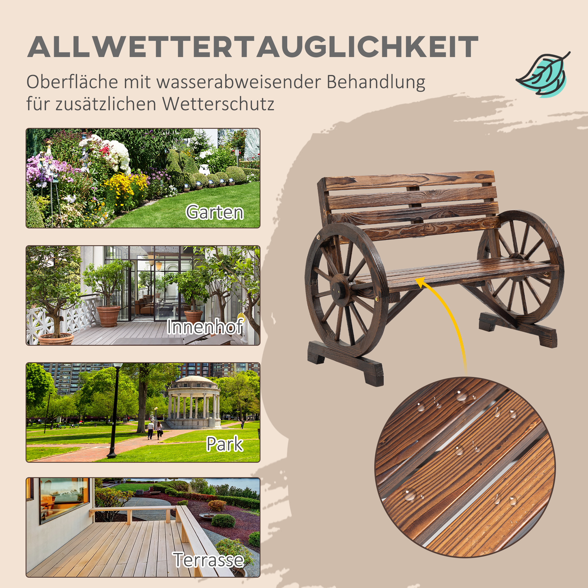 Gartenbank, Wagenrad-Design, für 2 Personen, Naturholz, dunkelbraun, 105,5 x 56 x 79cm