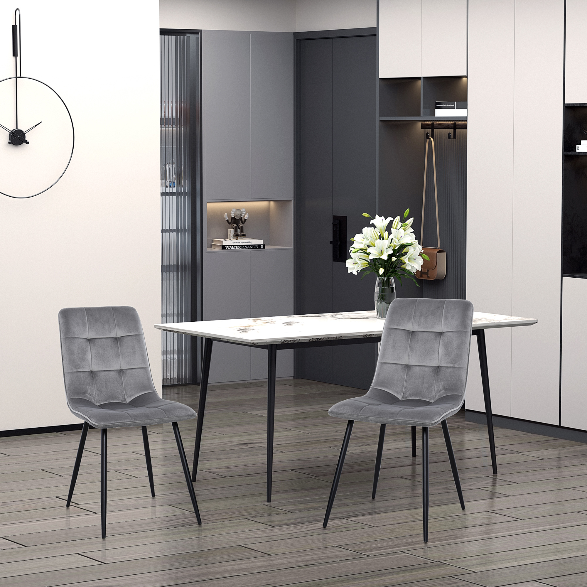 2er-Set Esszimmerstuhl Polsterstuhl Küchenstuhl mit Samt-Optik Esstisch Samt Metall Grau+Schwarz 45 x 63 x 90 cm