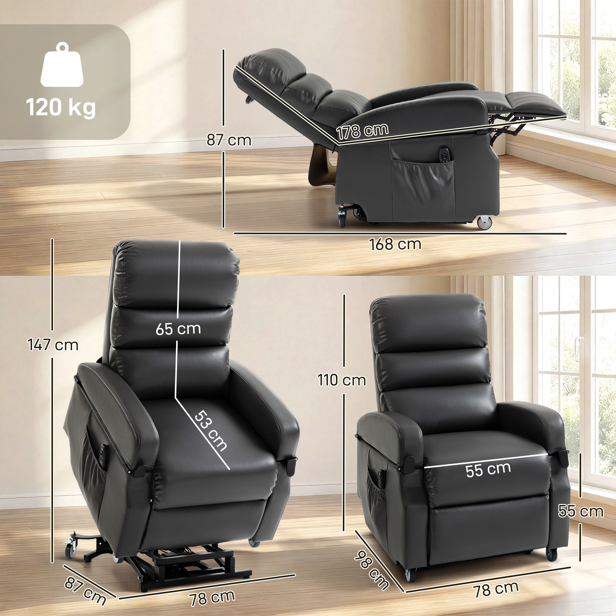 Fernsehsessel mit Aufstehhilfe Elektrischer Relaxsessel mit Fernbedienung, Fußstütze, Liegefunktion, Dunkelgrau