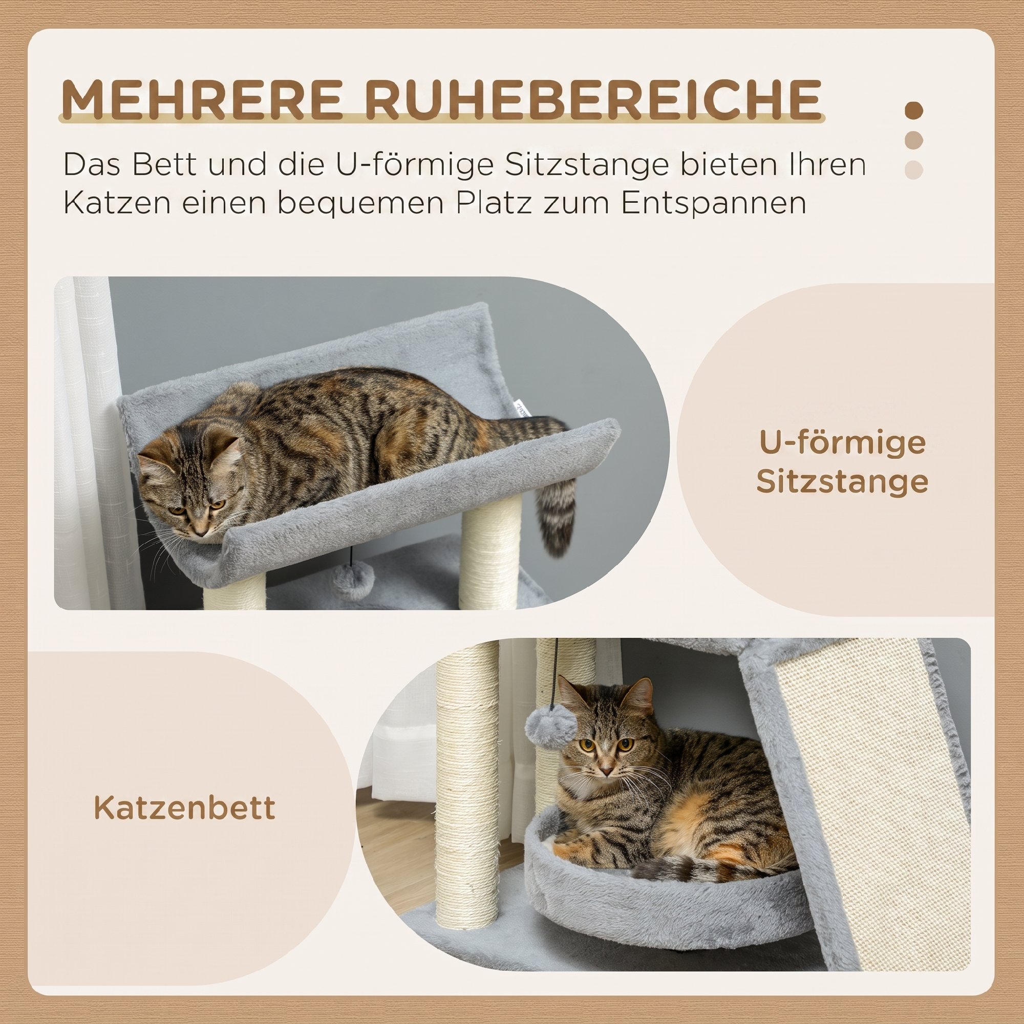 Kratzbaum Katzenbaum, inkl. Spielzeug und Katzenbett, 60 cm x 30 cm x 76 cm, Hellgrau