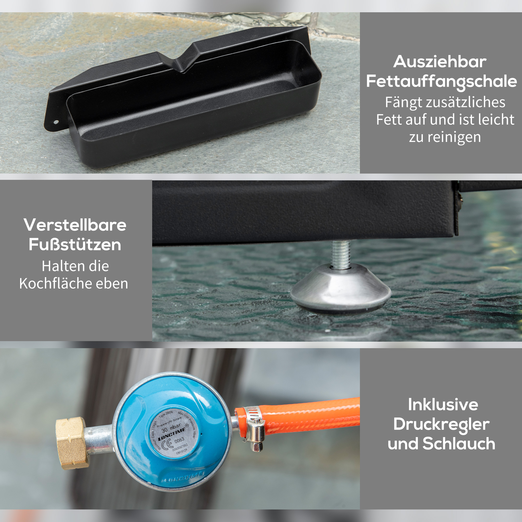 Gasgrill mit 2 Brennern, Schlauch, Antihaft-Grillplatte, Edelstahl, Farbe: Silber, 48,5 x 48 x 21 cm