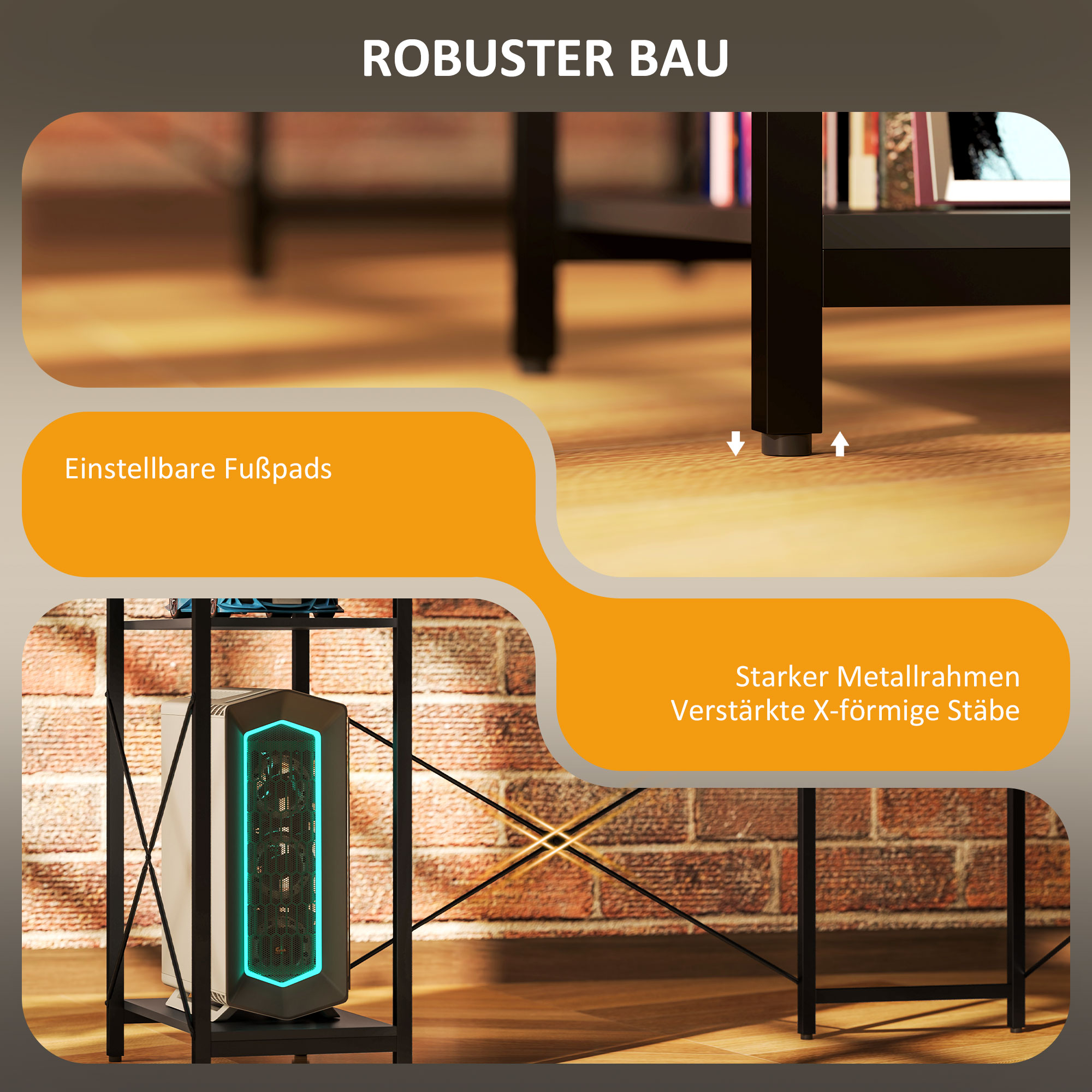 L-förmiger Schreibtisch mit Ladestation, Eck-Computertisch mit Monitorständer und Regalen, für Homeoffice, Büro, Schwarz