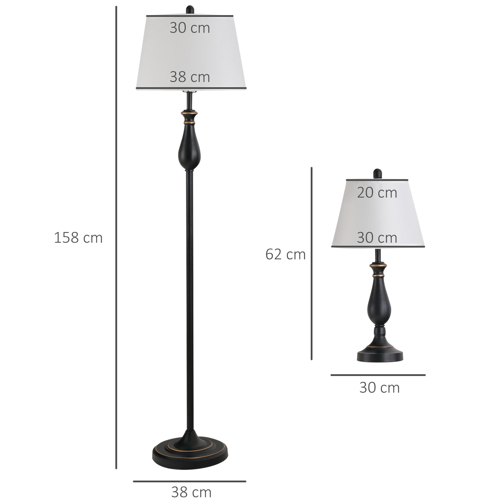 3er-Lampenset 2 Tischlampe(ø30 x 62H cm) + 1 Stehlampe(ø38 x 158H cm)  Vintage, Schwarz+Weiß, Metall, PS, Polyester, Baumwolle E27 Lampensockel
