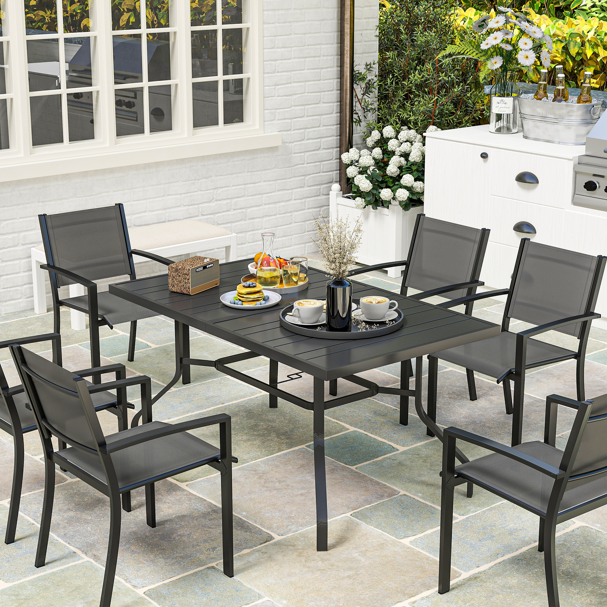 Gartentisch 152x90 cm, Wetterfest Balkontisch aus Stahl, Beistelltisch mit Schirmloch, Latten-Design Schwarz